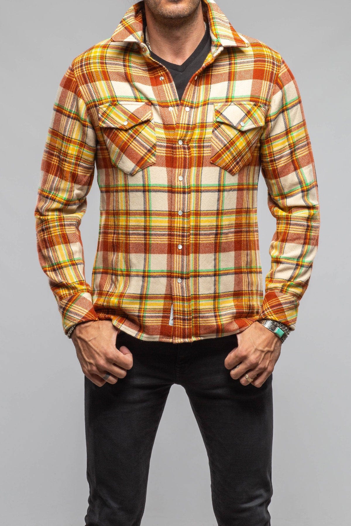 Multi Cash Snap Shirt Sweater In Brick Yellow - AXEL'S