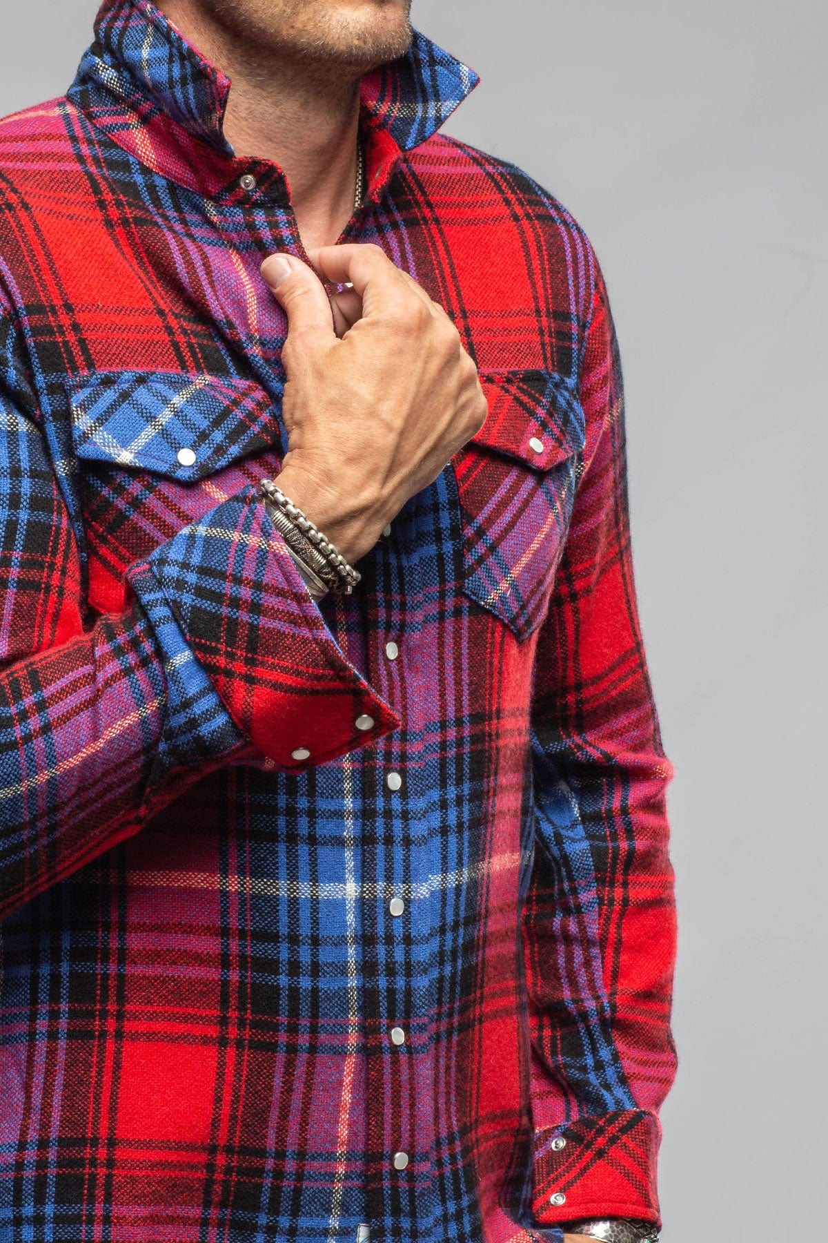 GQ3414◇SSZ : NEIL SHIRT RED Check◇M◇赤/青系 Richard Grand Cashmere Flannel Snap Shirt In Red Cobalt | Axel's