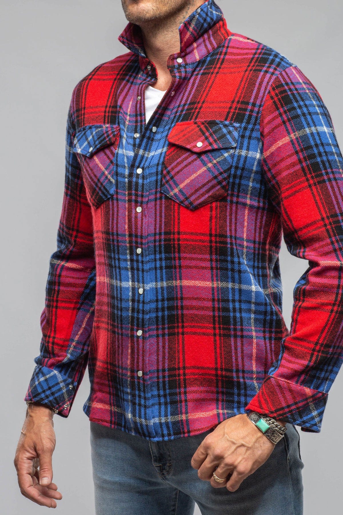 Multi Cash Snap Shirt Sweater In Red Cobalt - AXEL'S