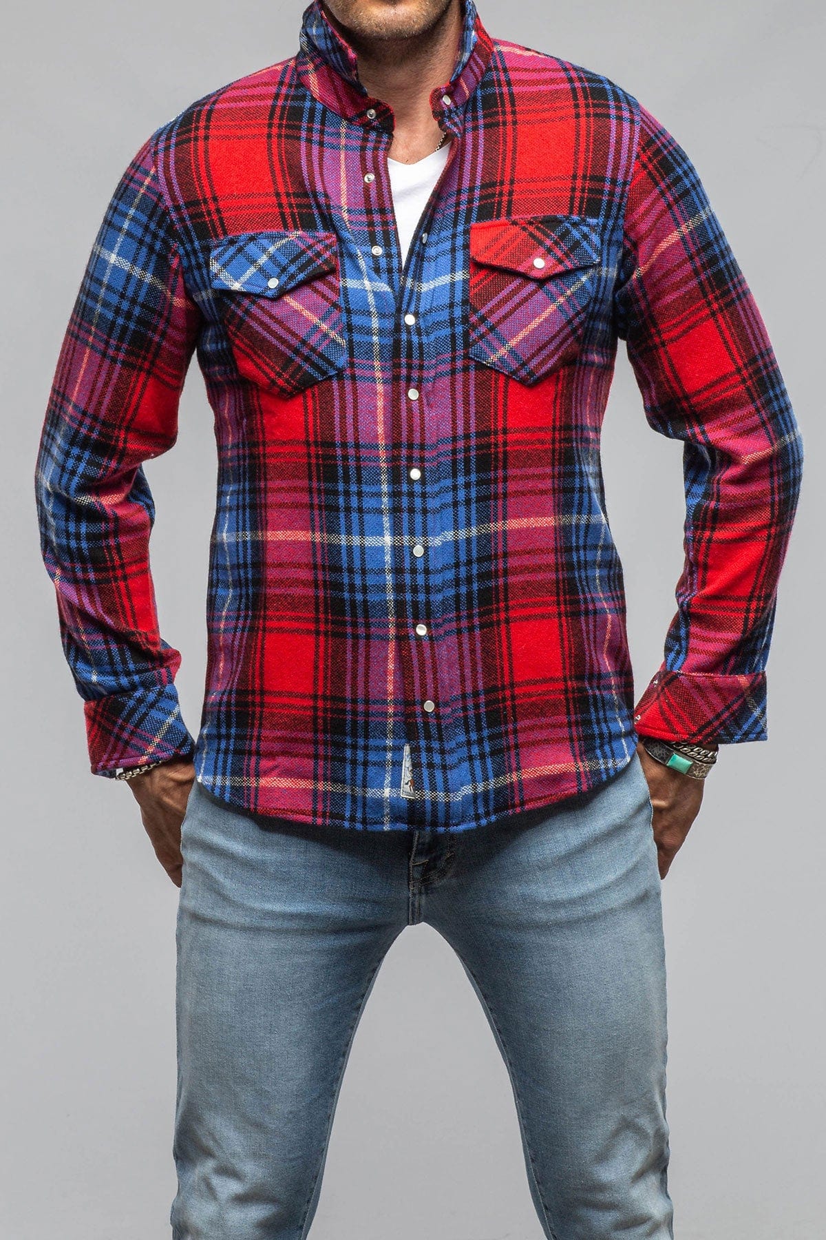 Multi Cash Snap Shirt Sweater In Red Cobalt - AXEL'S