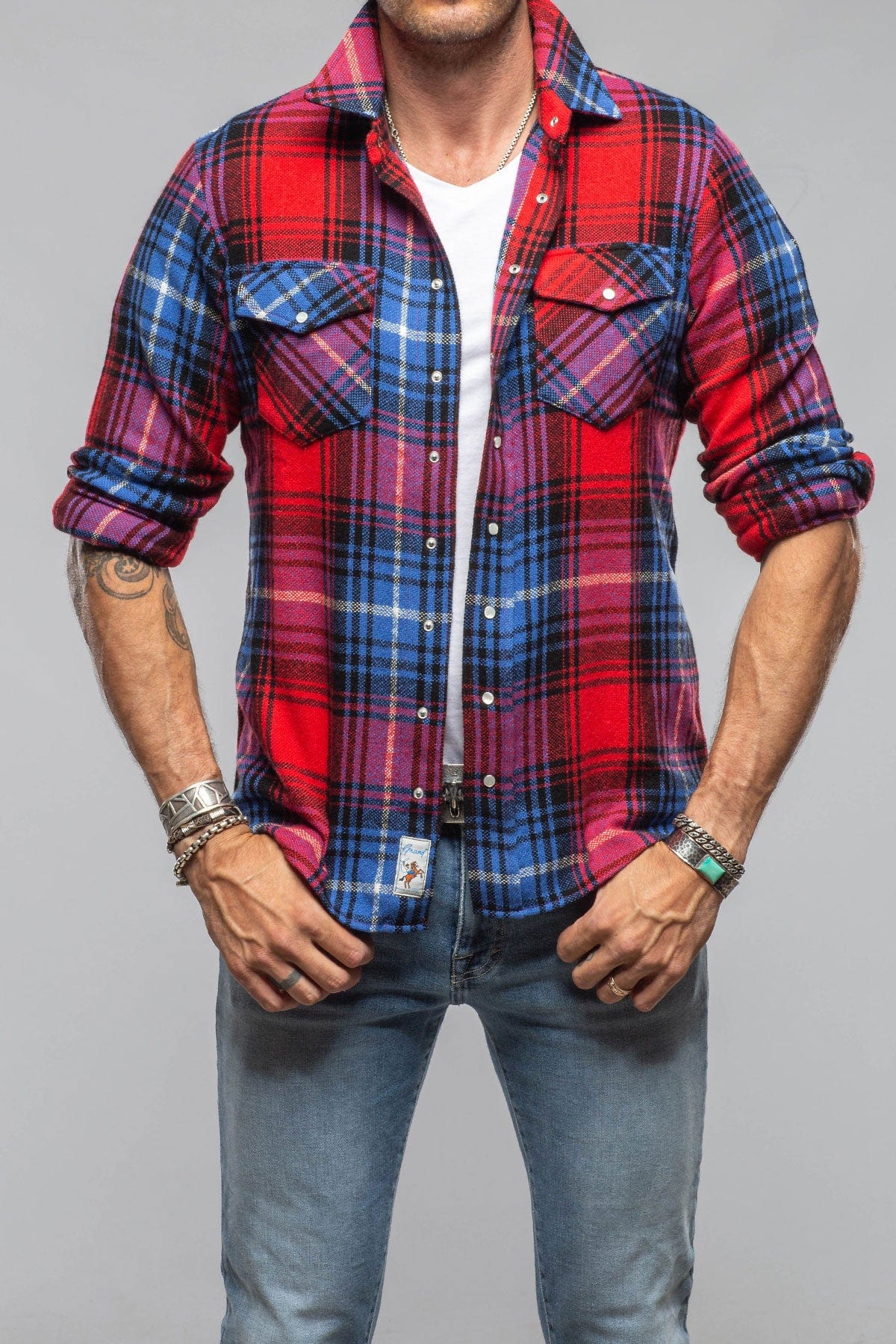 Multi Cash Snap Shirt Sweater In Red Cobalt - AXEL'S