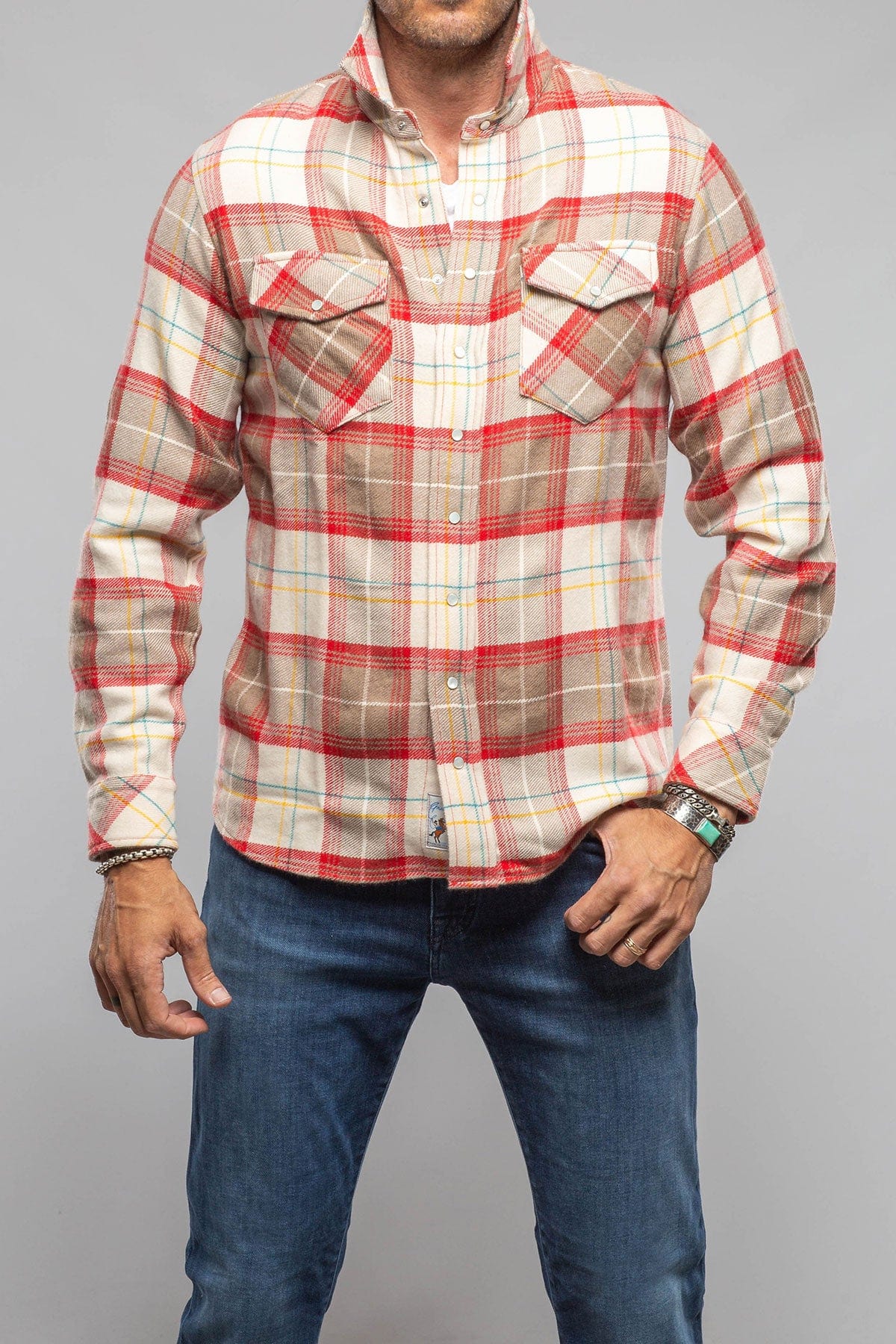 Multi Cash Snap Shirt Sweater In Taupe Red - AXEL'S