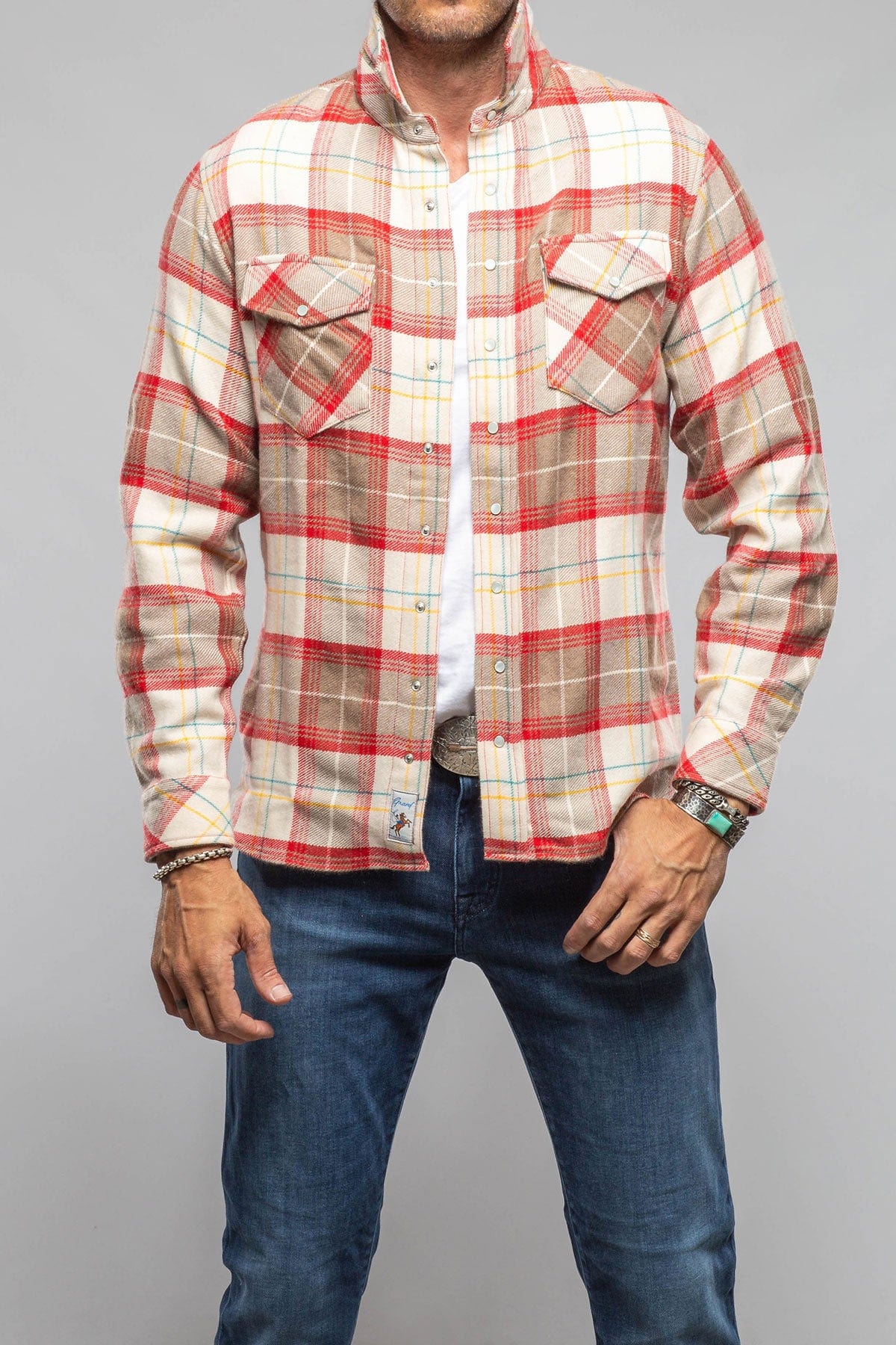 Multi Cash Snap Shirt Sweater In Taupe Red - AXEL'S
