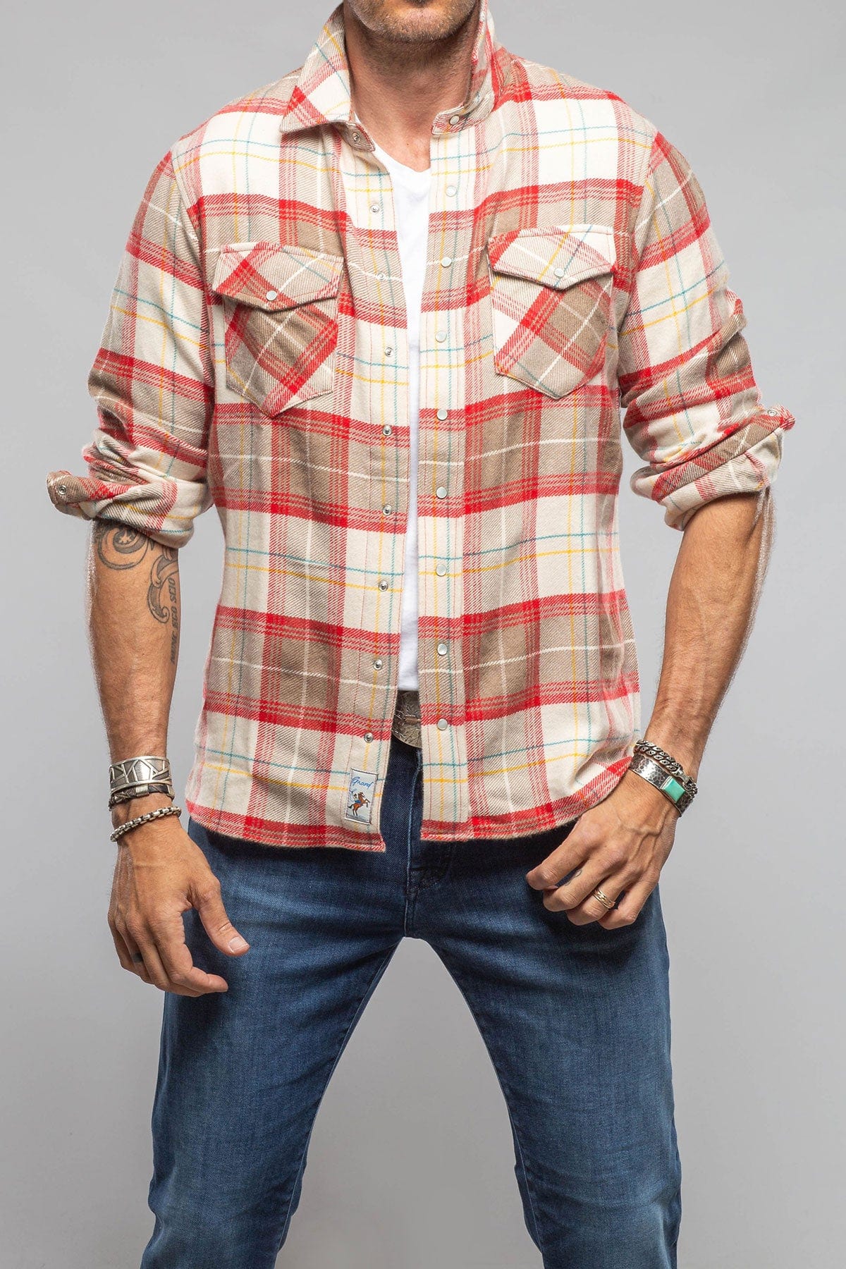 Multi Cash Snap Shirt Sweater In Taupe Red - AXEL'S