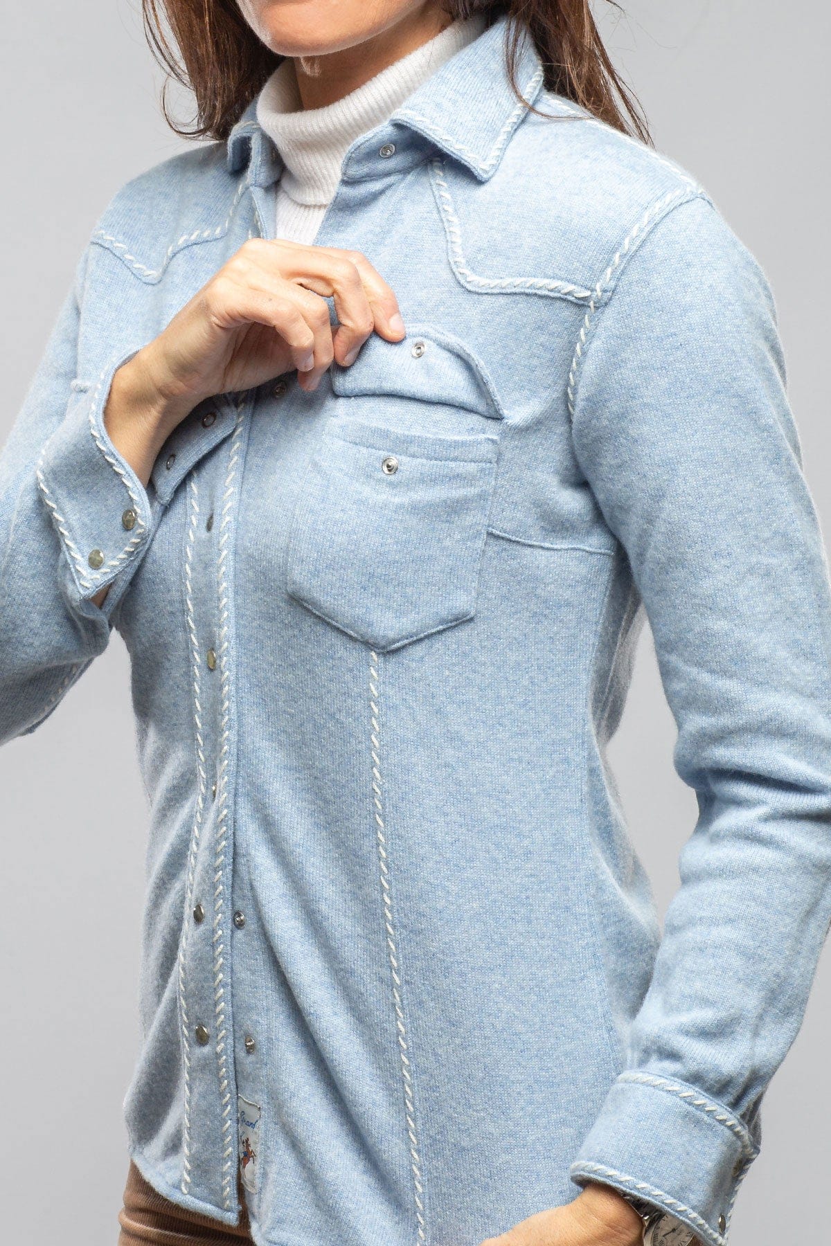 Richard Grand Whipstitch Cashmere Western Shirt In Light Blue Ladies - Tops