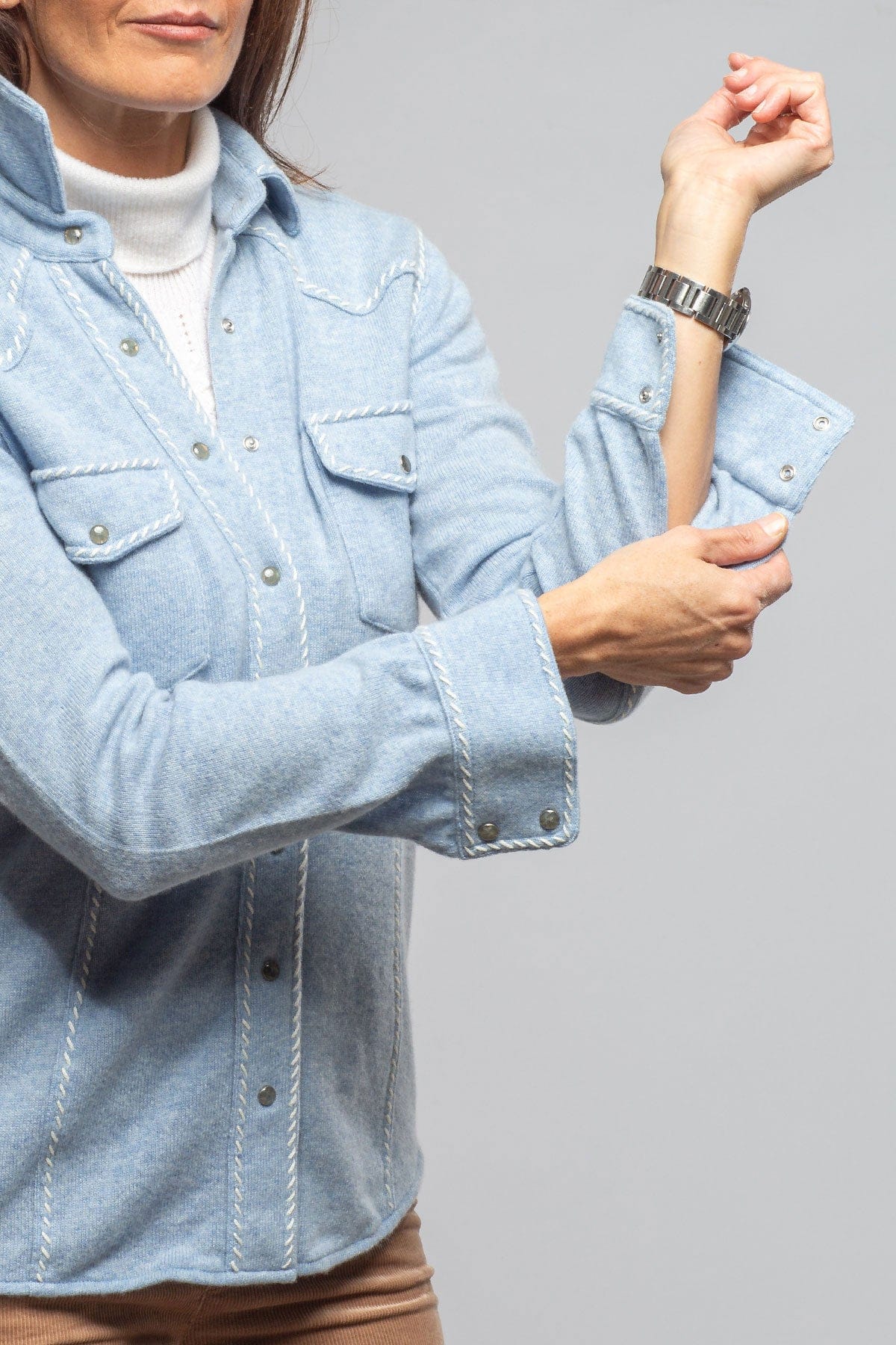 Richard Grand Whipstitch Cashmere Western Shirt In Light Blue Ladies - Tops