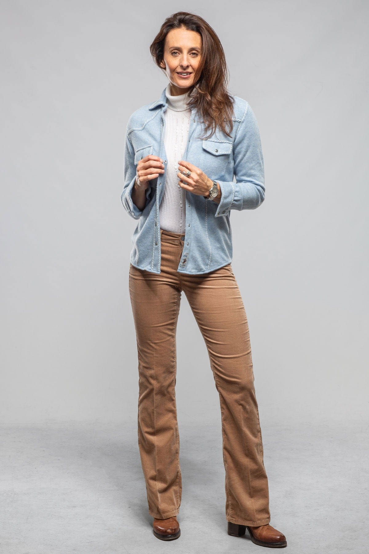 Richard Grand Whipstitch Cashmere Western Shirt In Light Blue Ladies - Tops