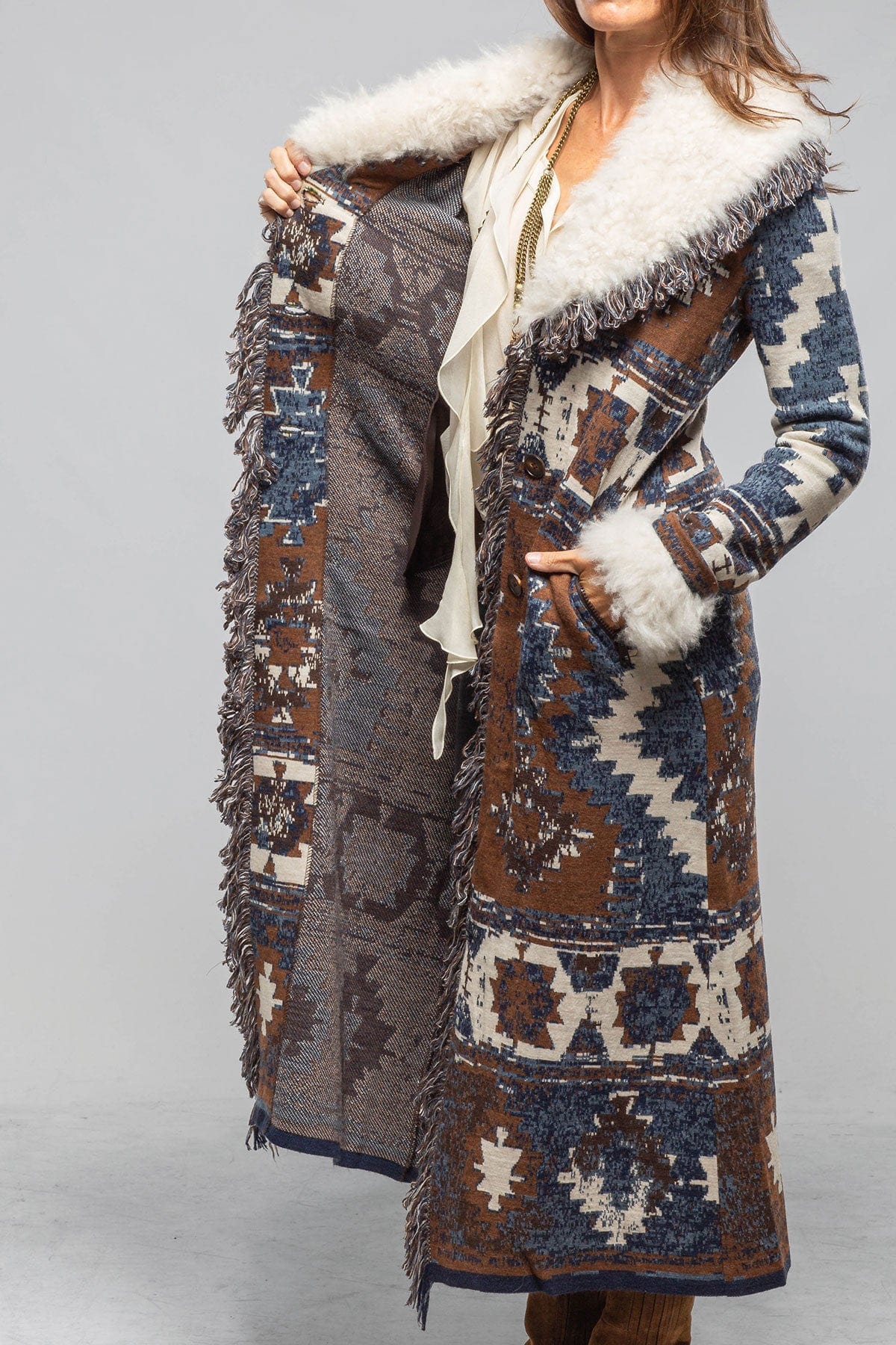 Roncarati Azteca Long Knit Sweater Coat In Blue | Axel's of Vail