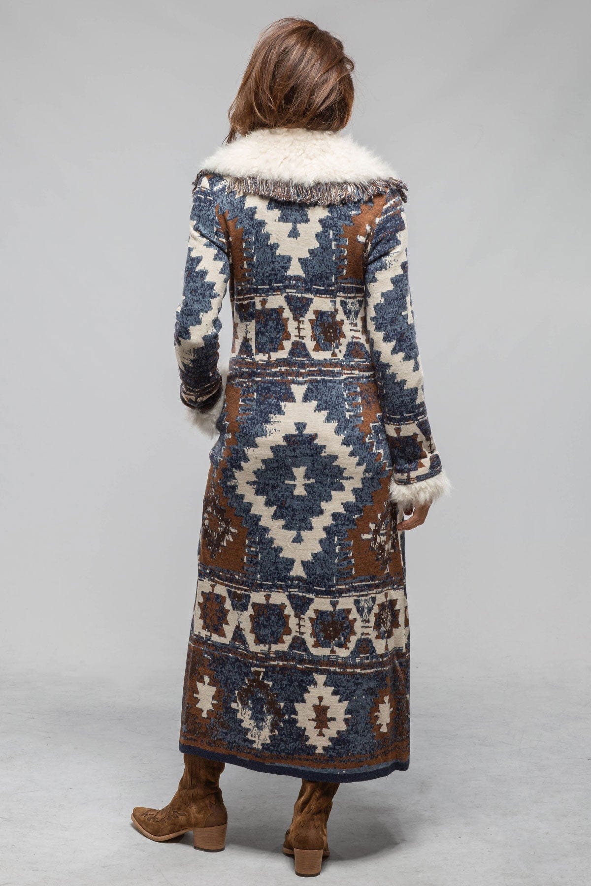 Roncarati | Azteca Long Knit Sweater Coat In Blue | Axel's of Vail