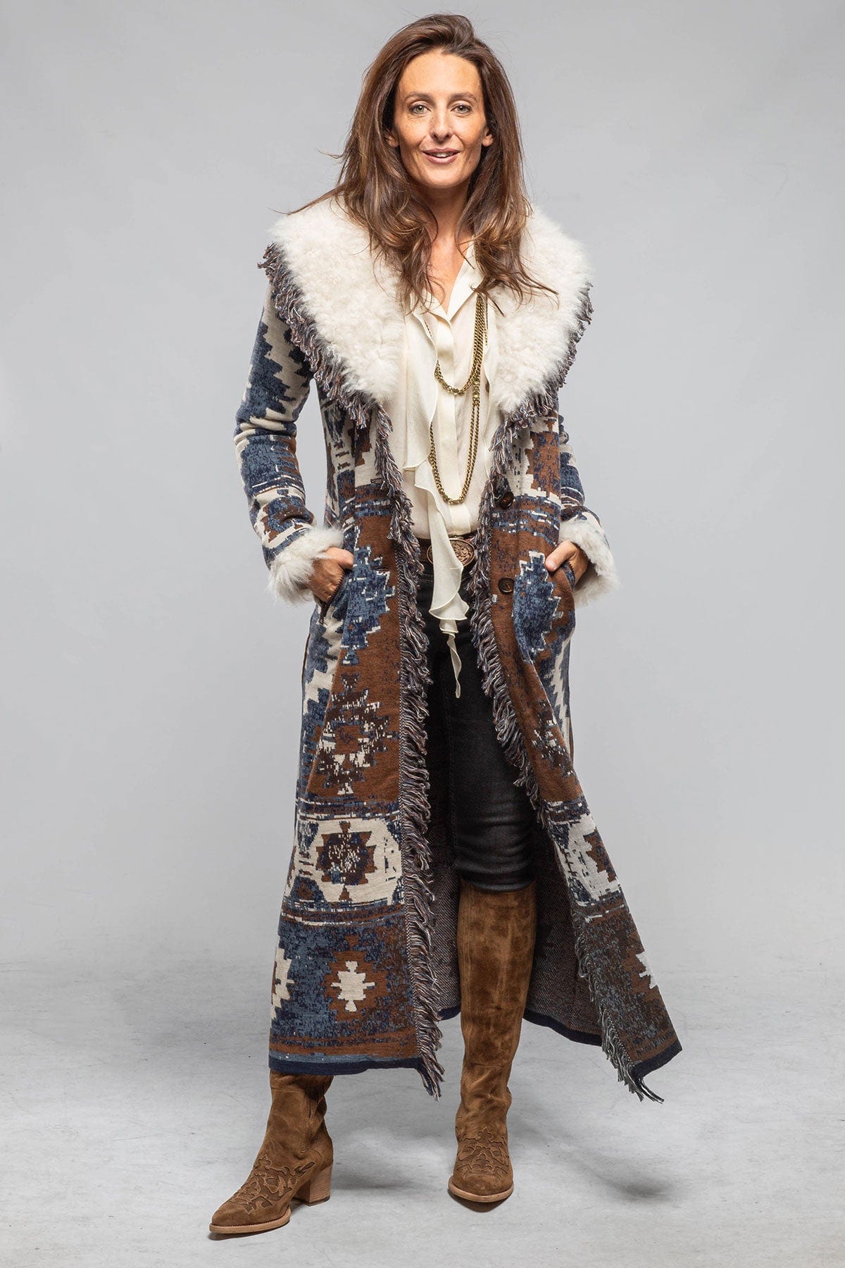Roncarati Azteca Long Knit Sweater Coat In Blue | Axel's of Vail