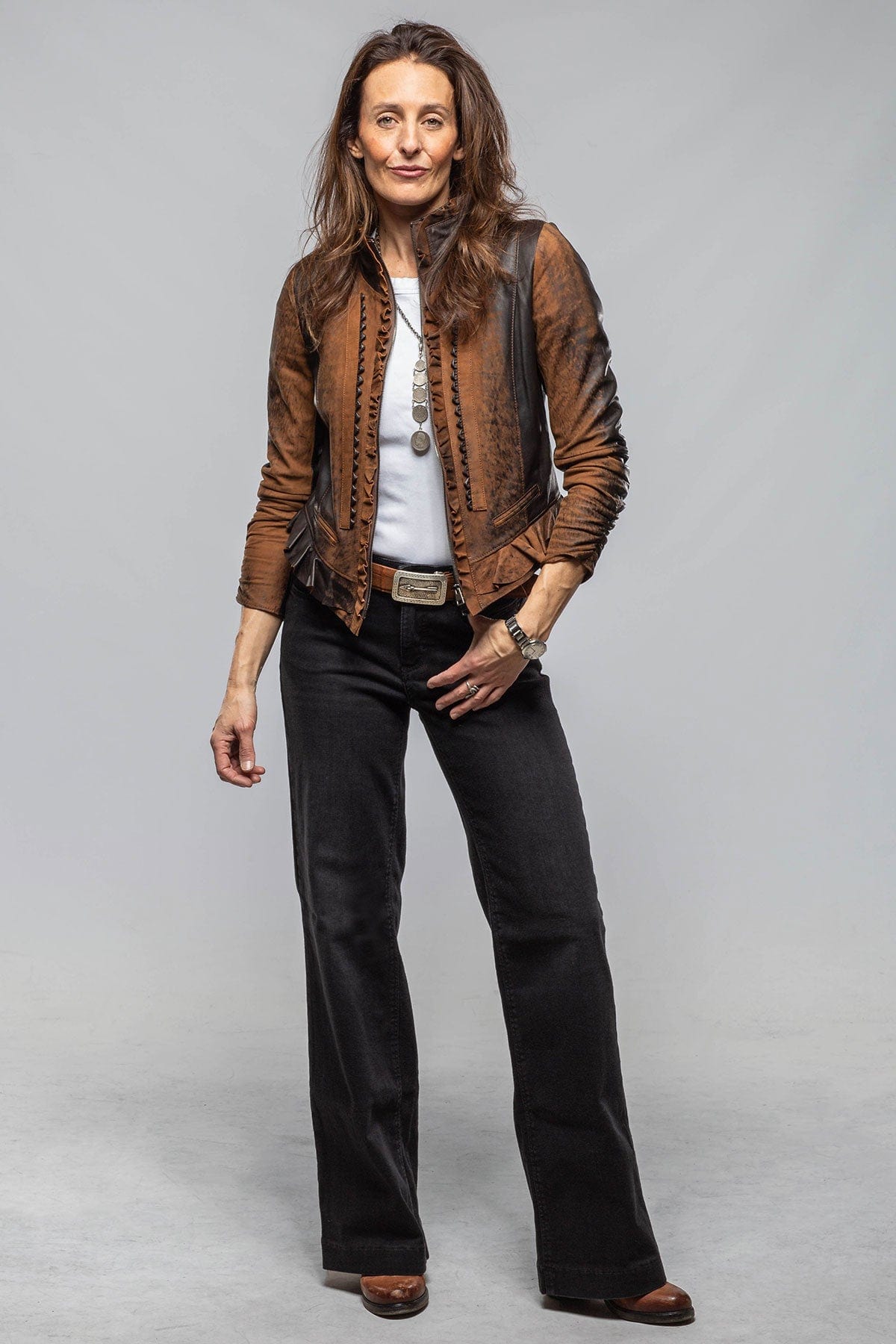 Roncarati Bailey Ruffle Front Jacket In Vintage Cognac | Ladies - Outerwear - Leather