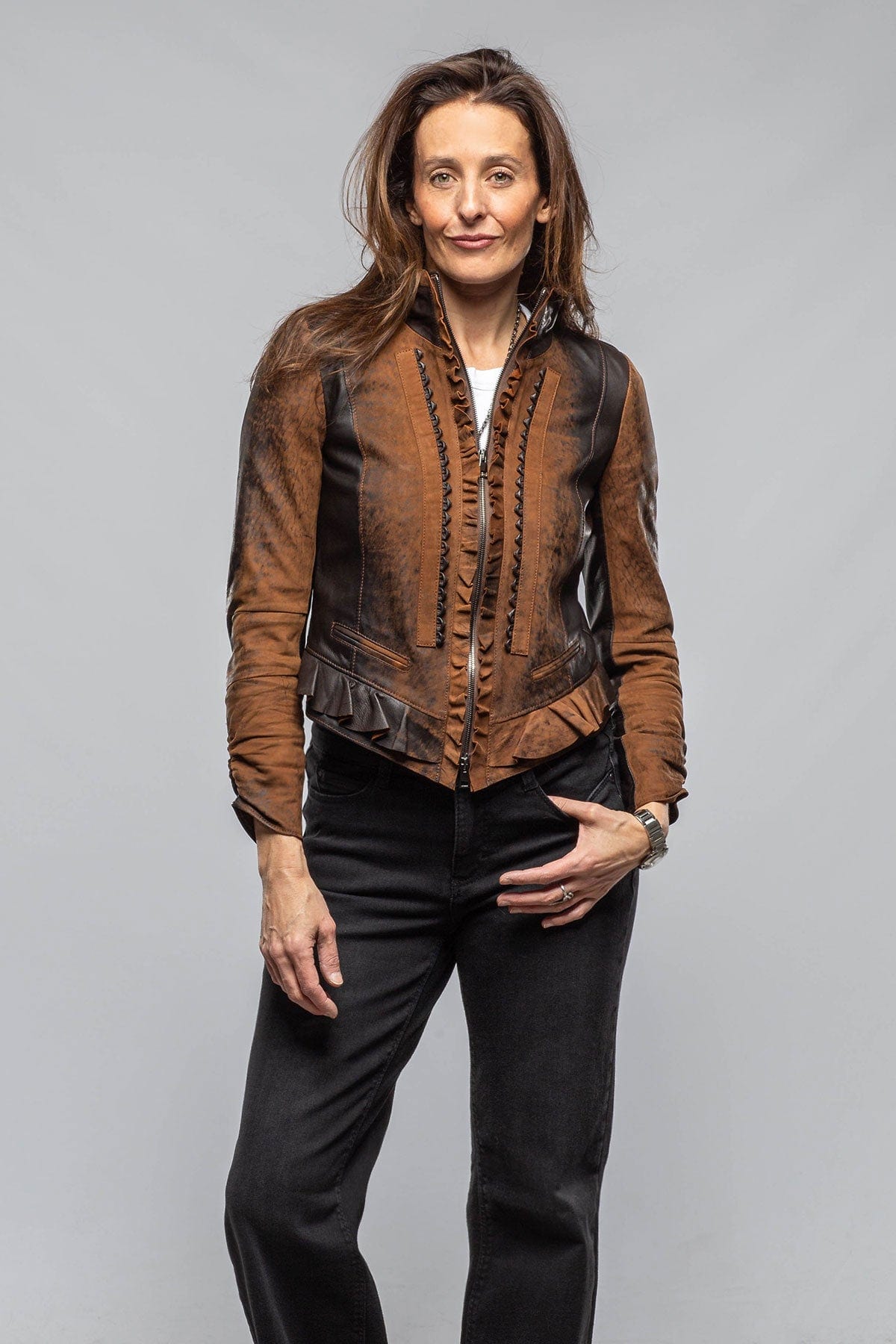 Roncarati Bailey Ruffle Front Jacket In Vintage Cognac | Ladies - Outerwear - Leather