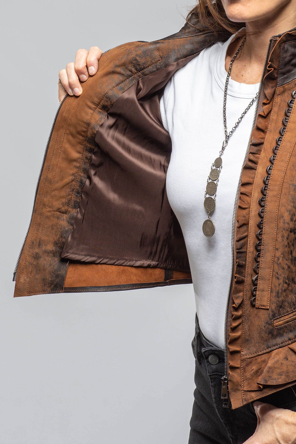 Bailey Ruffle Front Jacket In Vintage Cognac - AXEL'S