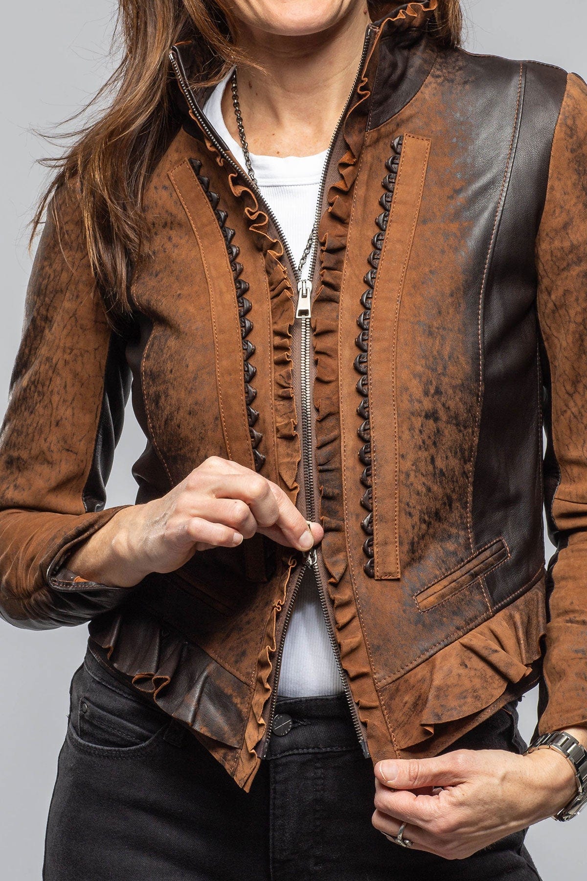 Roncarati Bailey Ruffle Front Jacket In Vintage Cognac | Ladies - Outerwear - Leather