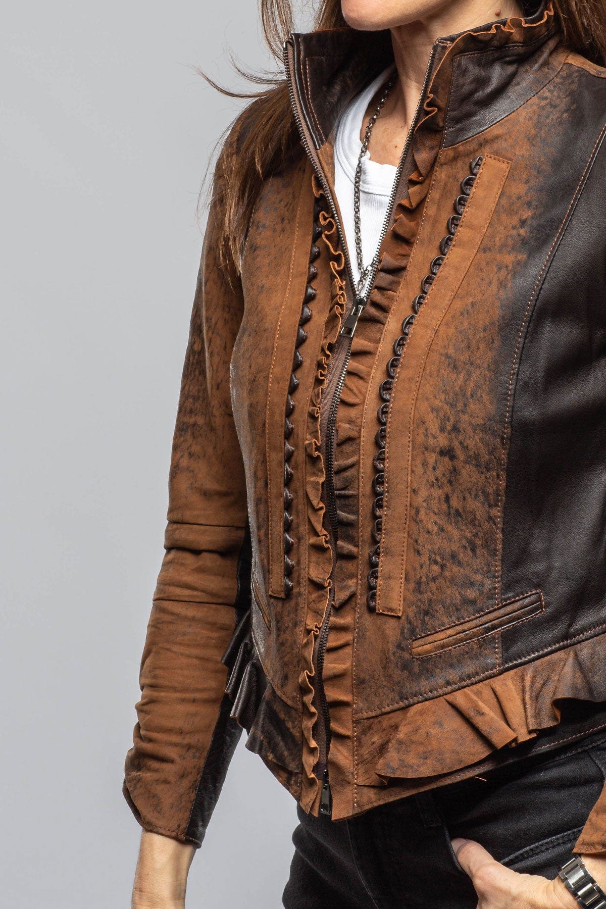 Roncarati Bailey Ruffle Front Jacket In Vintage Cognac | Ladies - Outerwear - Leather