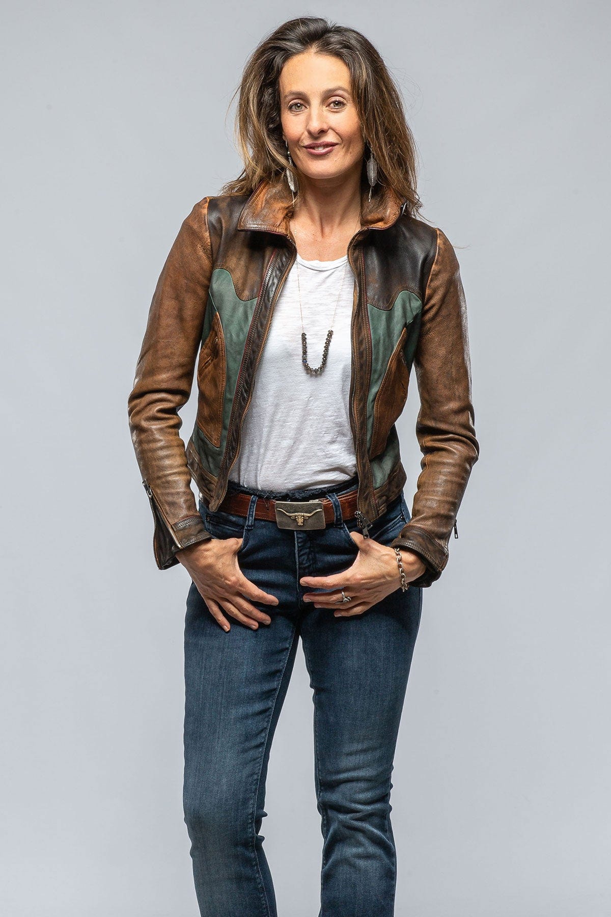 Cami Vintage Jkt In Cognac, Brown, &amp; Teal - AXEL'S