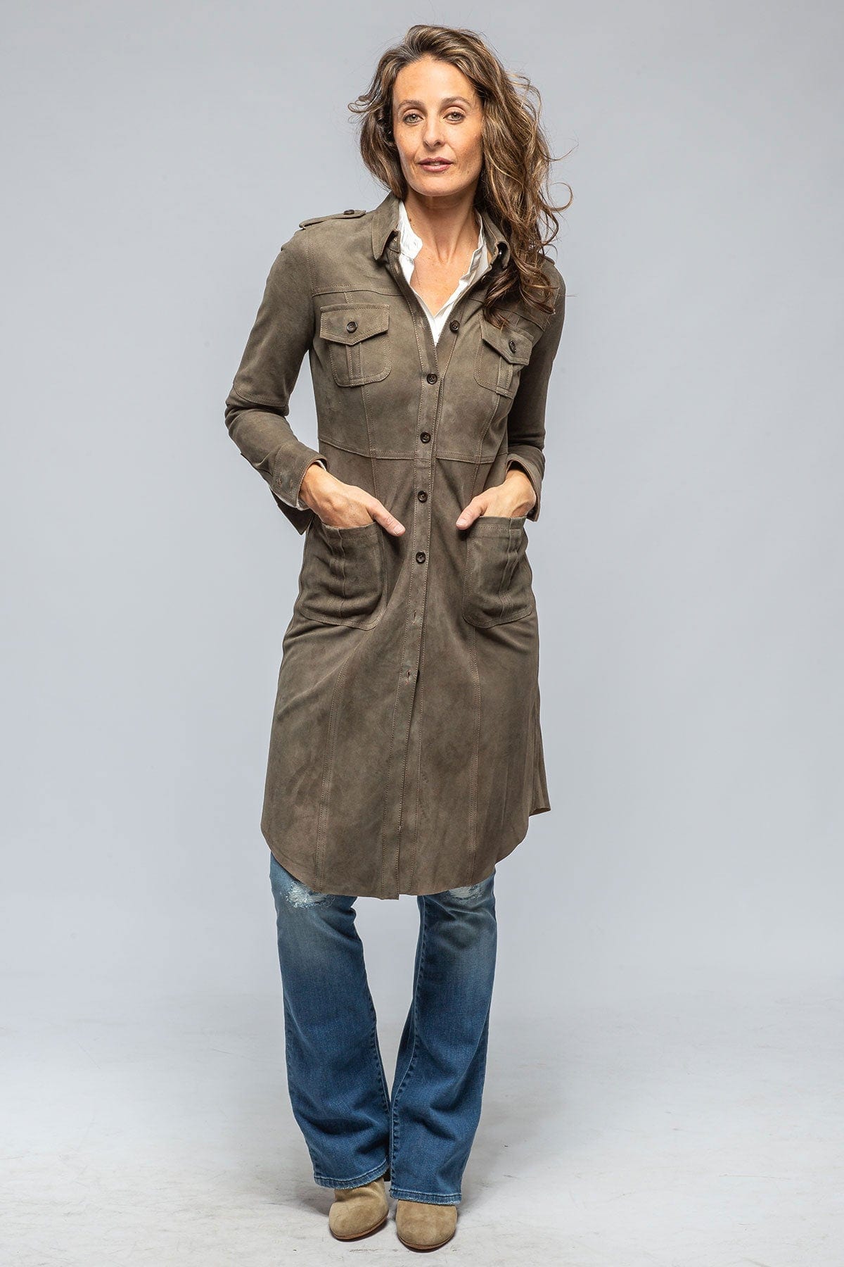 Savannah Long Leather Shirt/Dress in Stone - AXEL'S