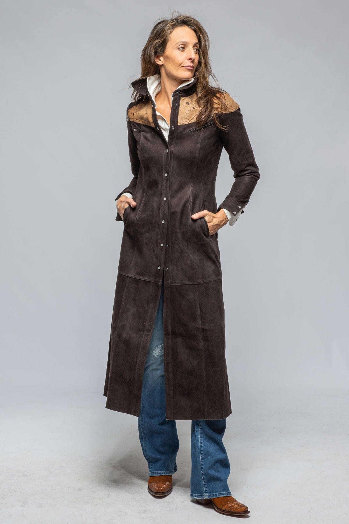Waggoner Long Hair-On Suede Duster In Dark Chocolate - AXEL'S