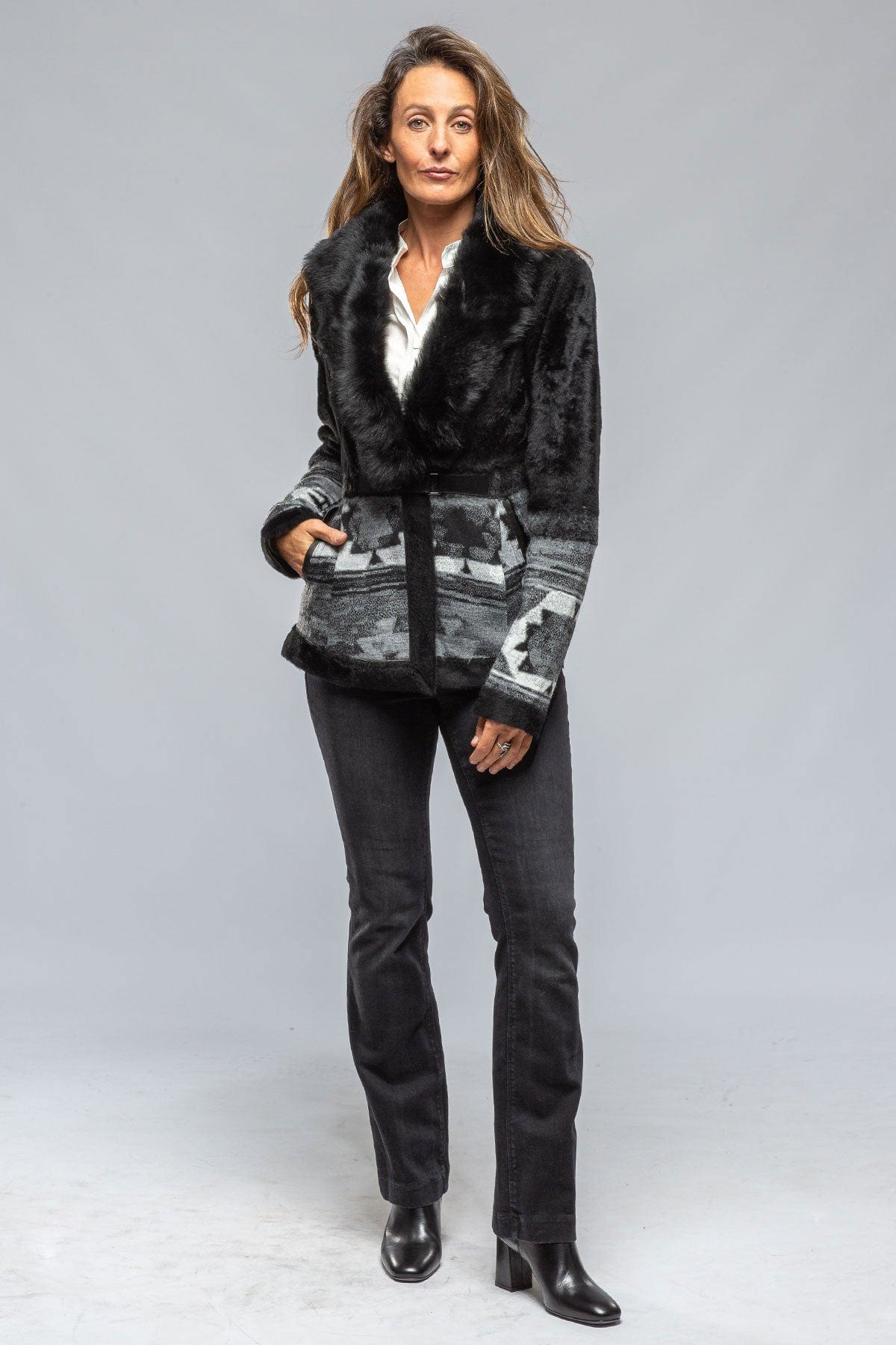 Roncarati Wauneka Short Shearling & Knit Combo Coat In Black