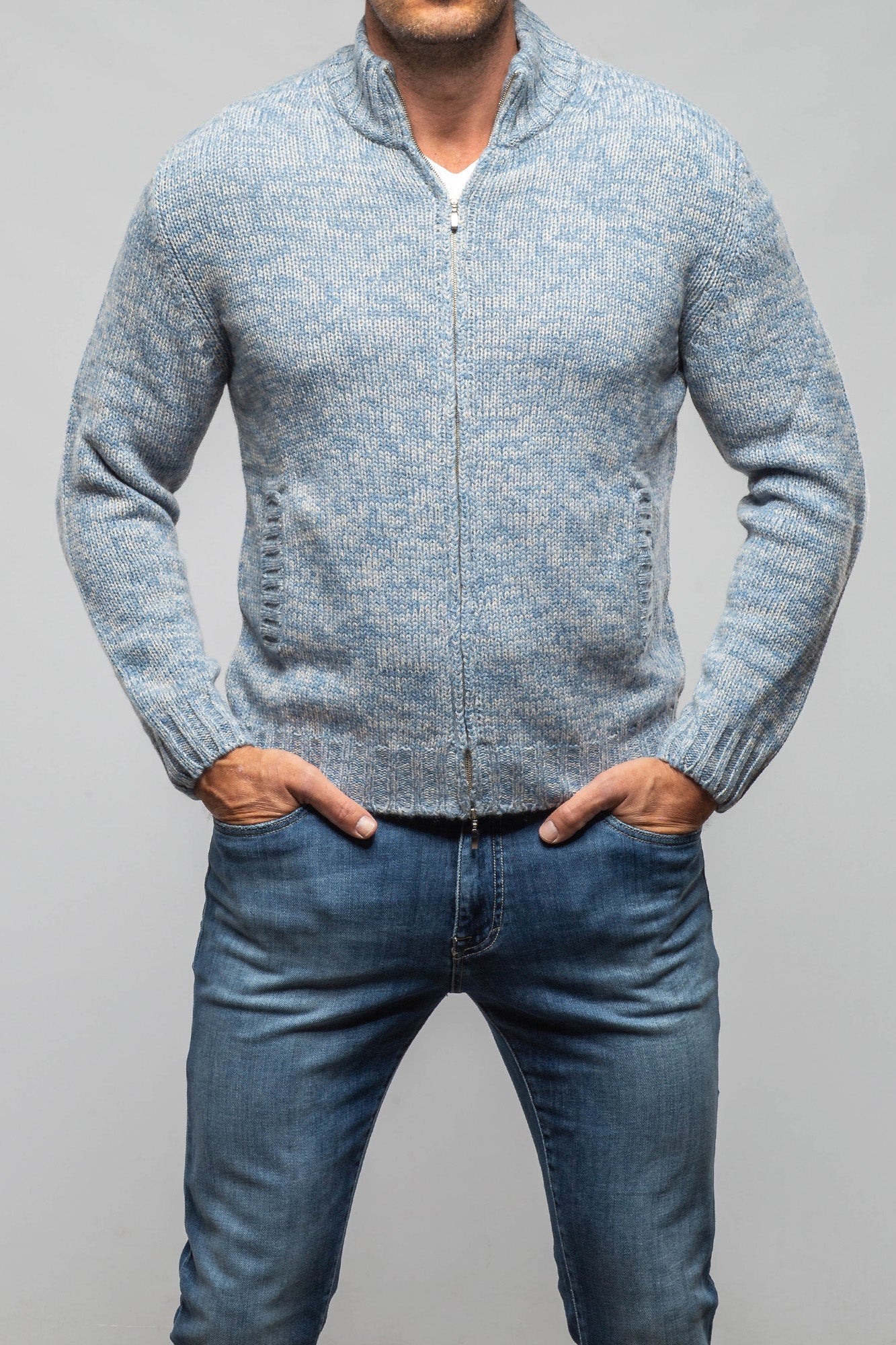 Settefili Cashmere Atwood Full Zip Sweater In Denim Mens - Sweaters