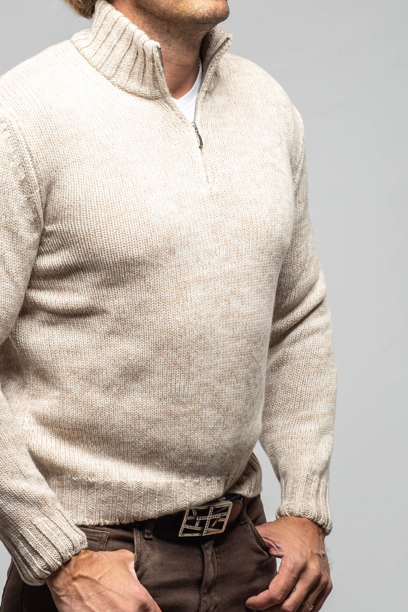 Settefili Cashmere Courier Cashmere Quarter Zip In Beige Mens - Sweaters