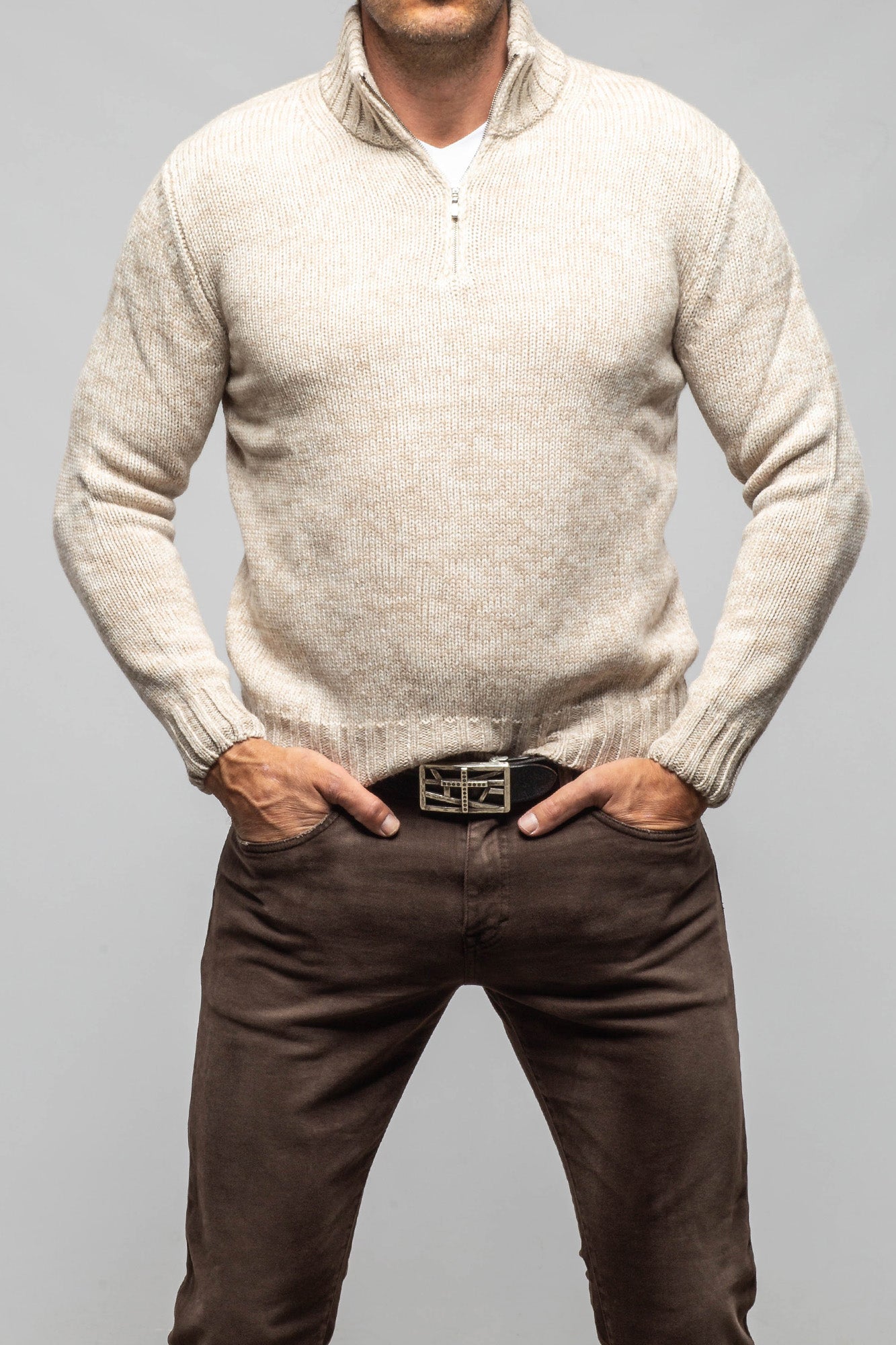 Settefili Cashmere Courier Cashmere Quarter Zip In Beige Mens - Sweaters