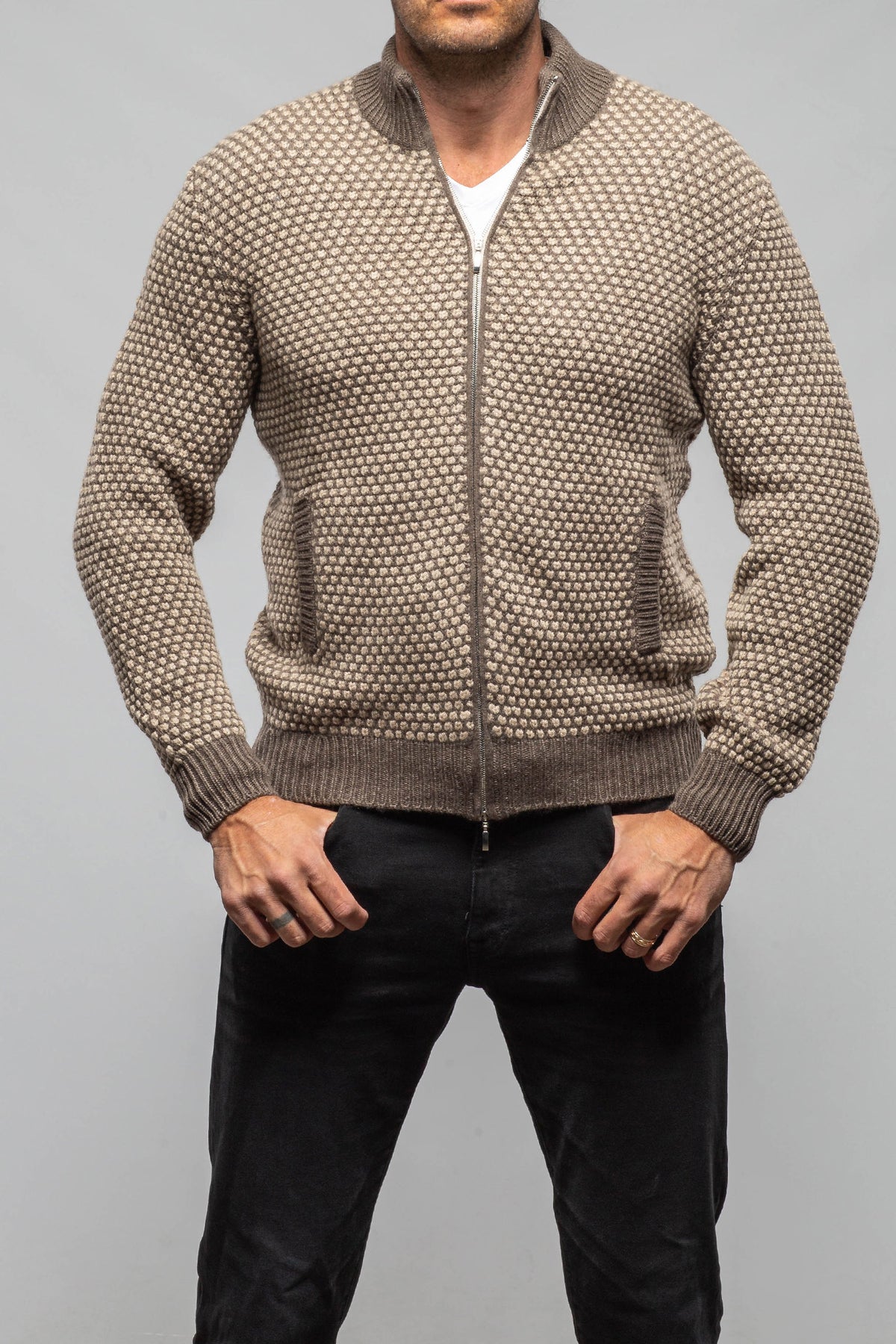 Settefili Cashmere Oscar Full Zip Cashmere Sweater In Taupe Mens - Sweaters