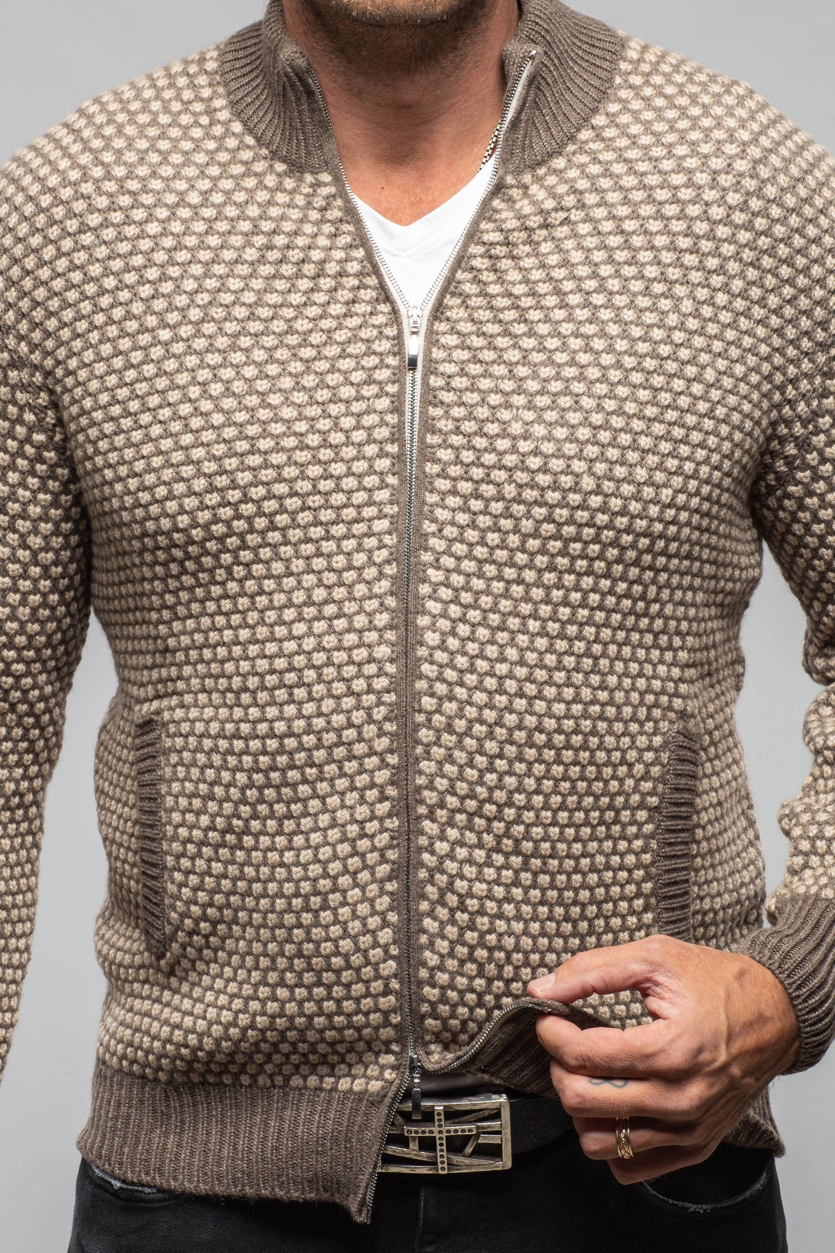 Settefili Cashmere Oscar Full Zip Cashmere Sweater In Taupe Mens - Sweaters