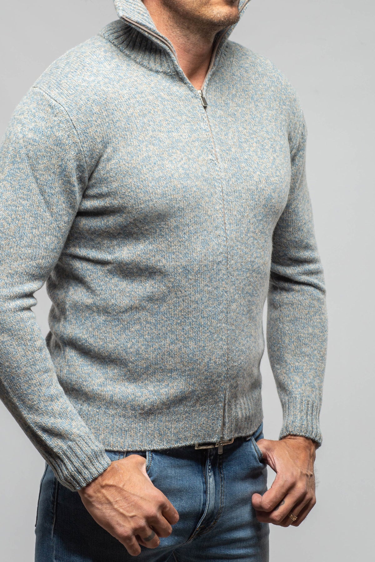 Settefili Cashmere Torvald Full Zip Sweater In Denim Mens - Sweaters