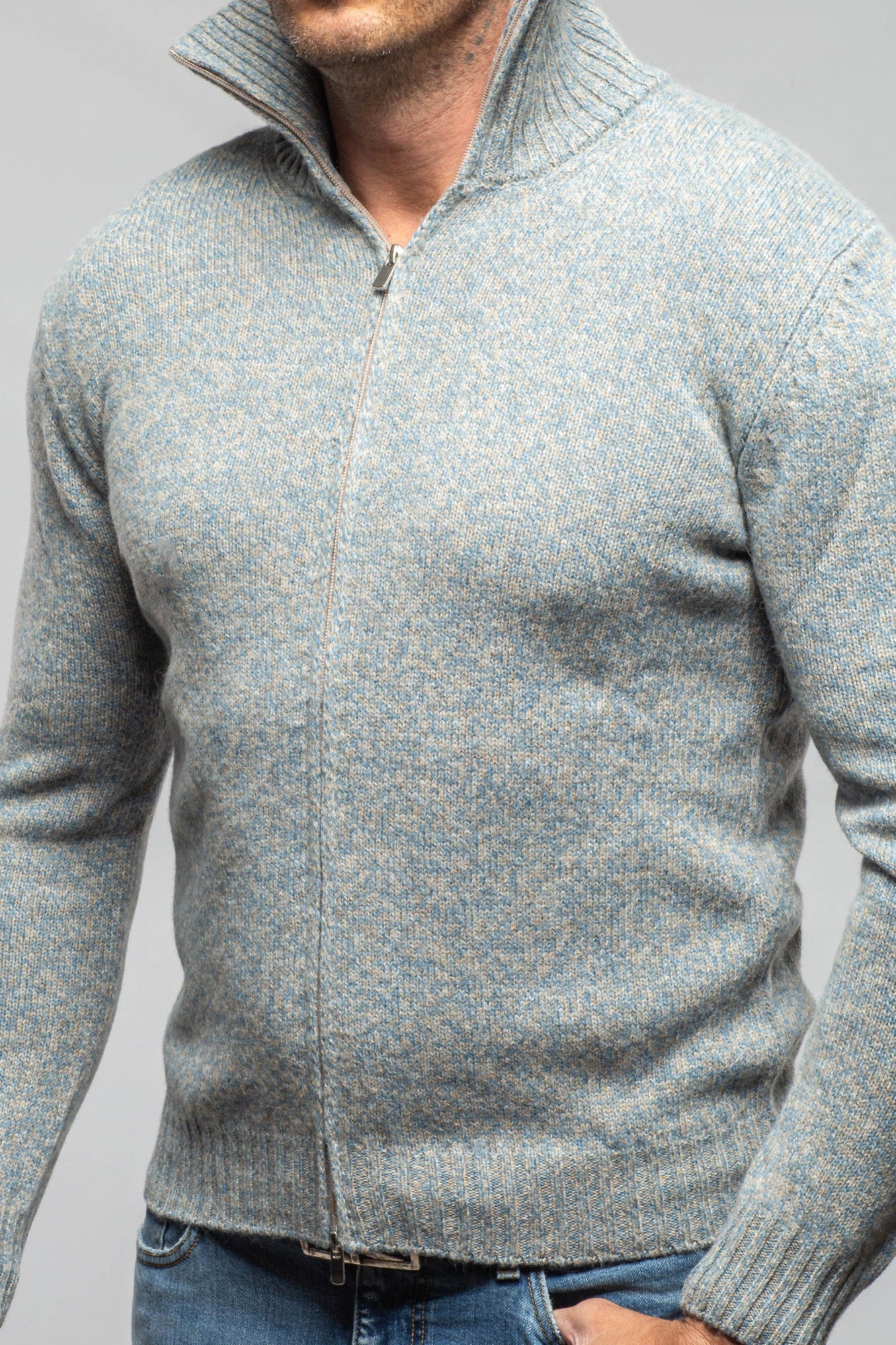 Settefili Cashmere Torvald Full Zip Sweater In Denim Mens - Sweaters