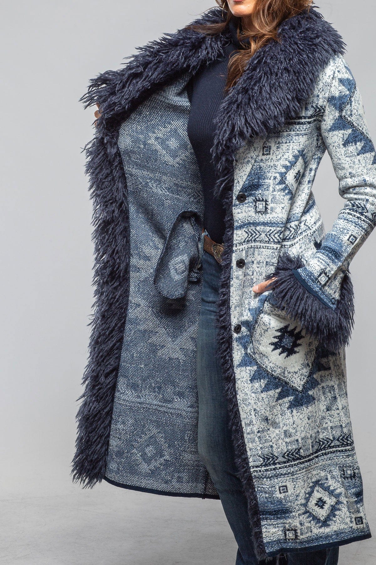 Sonia Villa Beth Woven Duster Mongolian Trim Ladies - Outerwear - Cloth