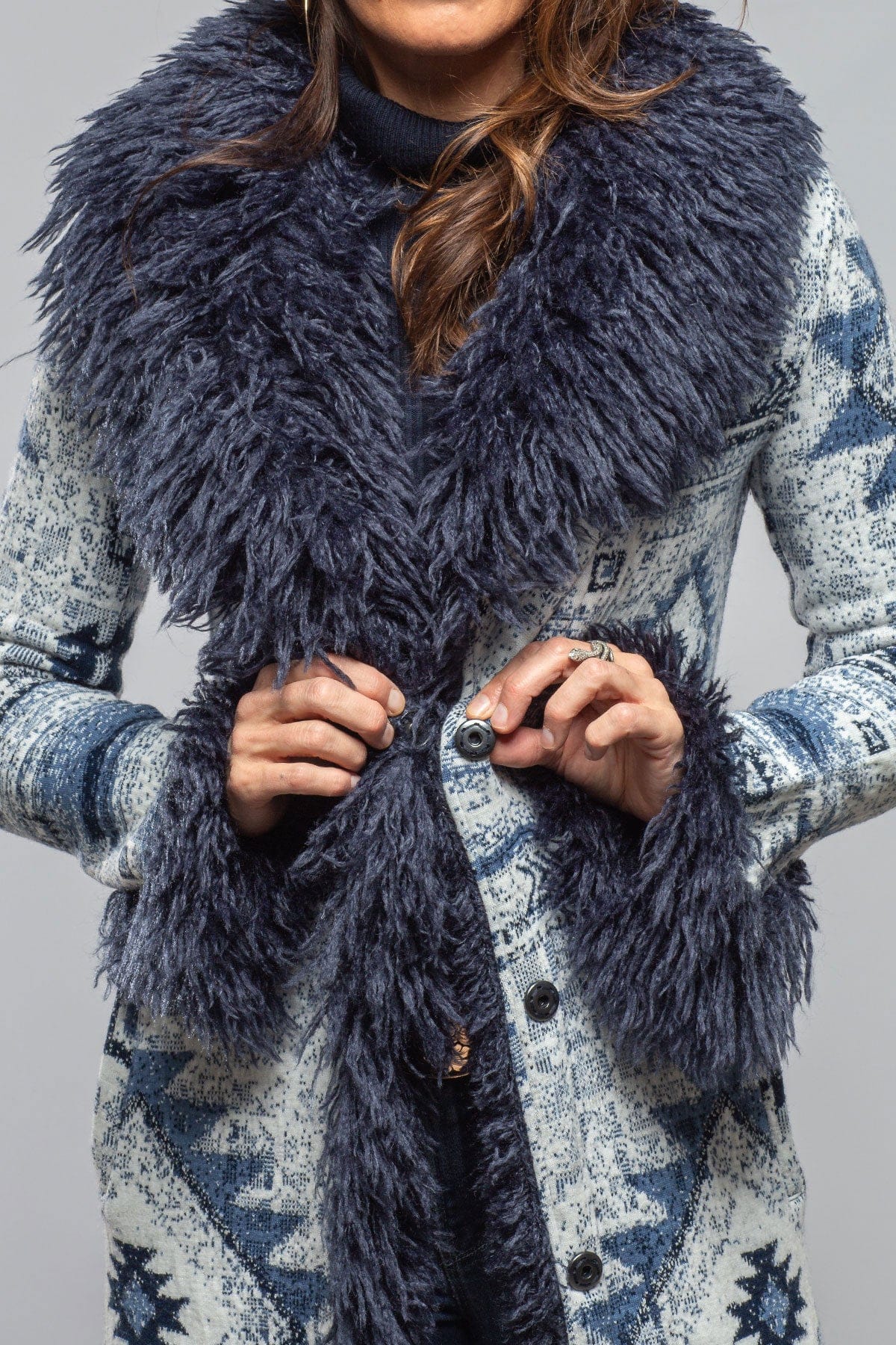 Sonia Villa Beth Woven Duster Mongolian Trim Ladies - Outerwear - Cloth