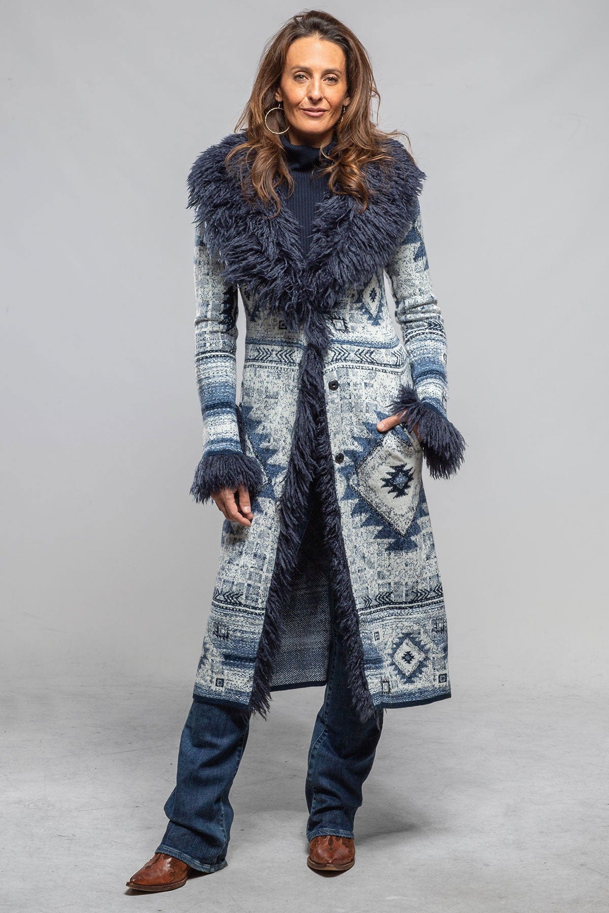 Sonia Villa Beth Woven Duster Mongolian Trim Ladies - Outerwear - Cloth