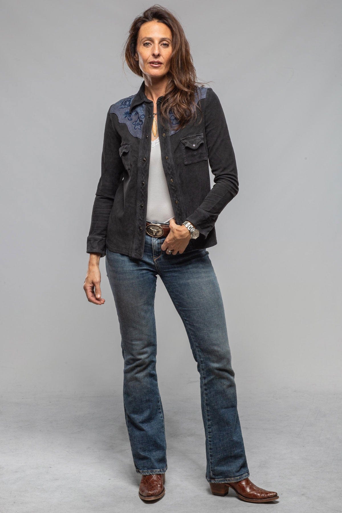 Sonia Villa | Columbine Suede Snap Shirt In Embroidered Navy