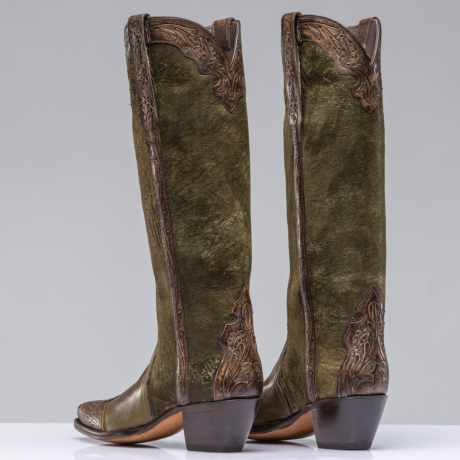 Bosque Olive Lambsuede & Tooled Calfskin Boot - AXEL'S