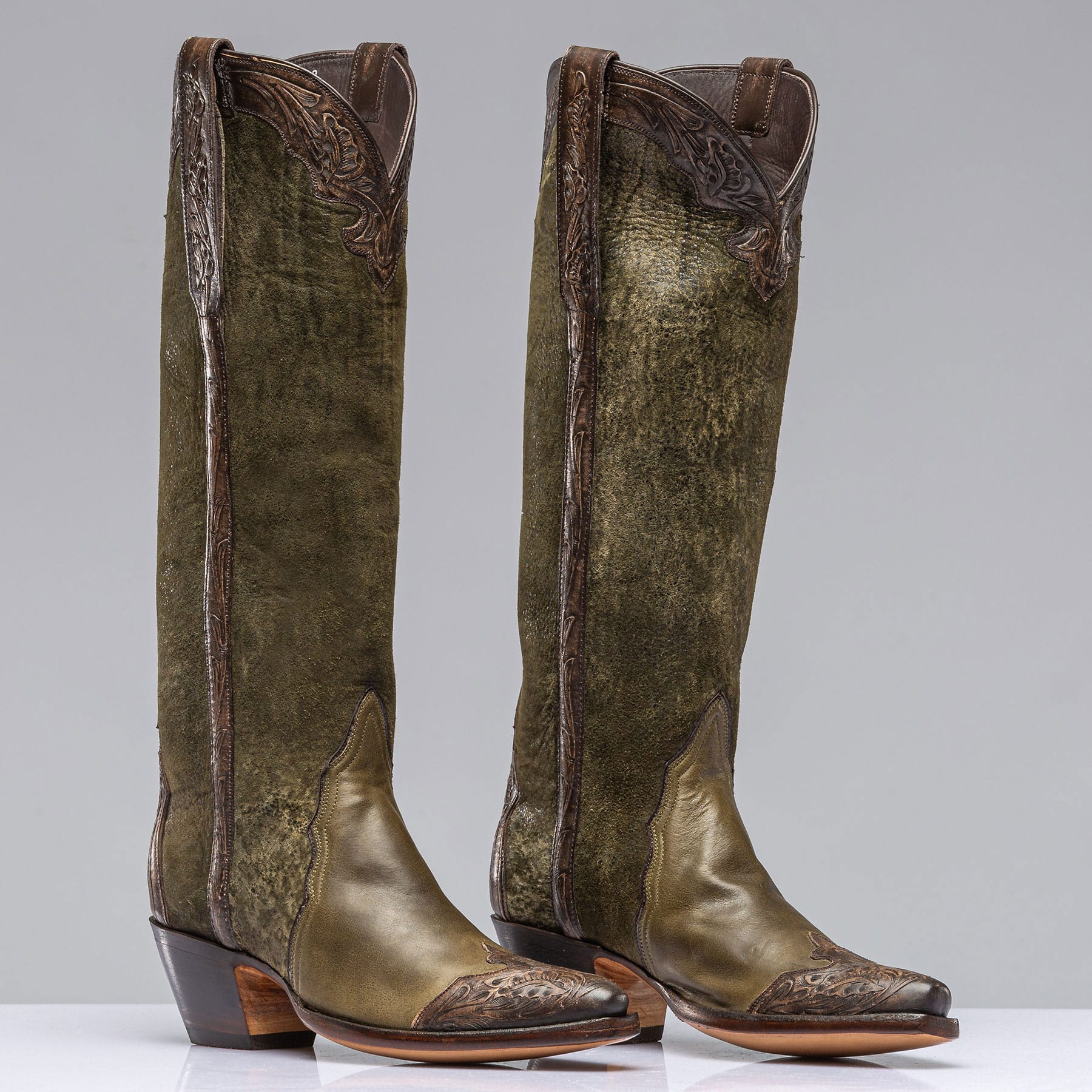 Bosque Olive Lambsuede & Tooled Calfskin Boot - AXEL'S