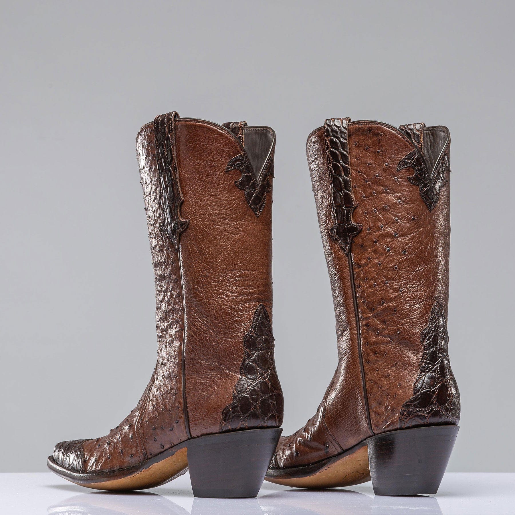 Stallion Boots Chocolate Ostrich Mid Boot with Alligator Ladies - Cowboy Boots