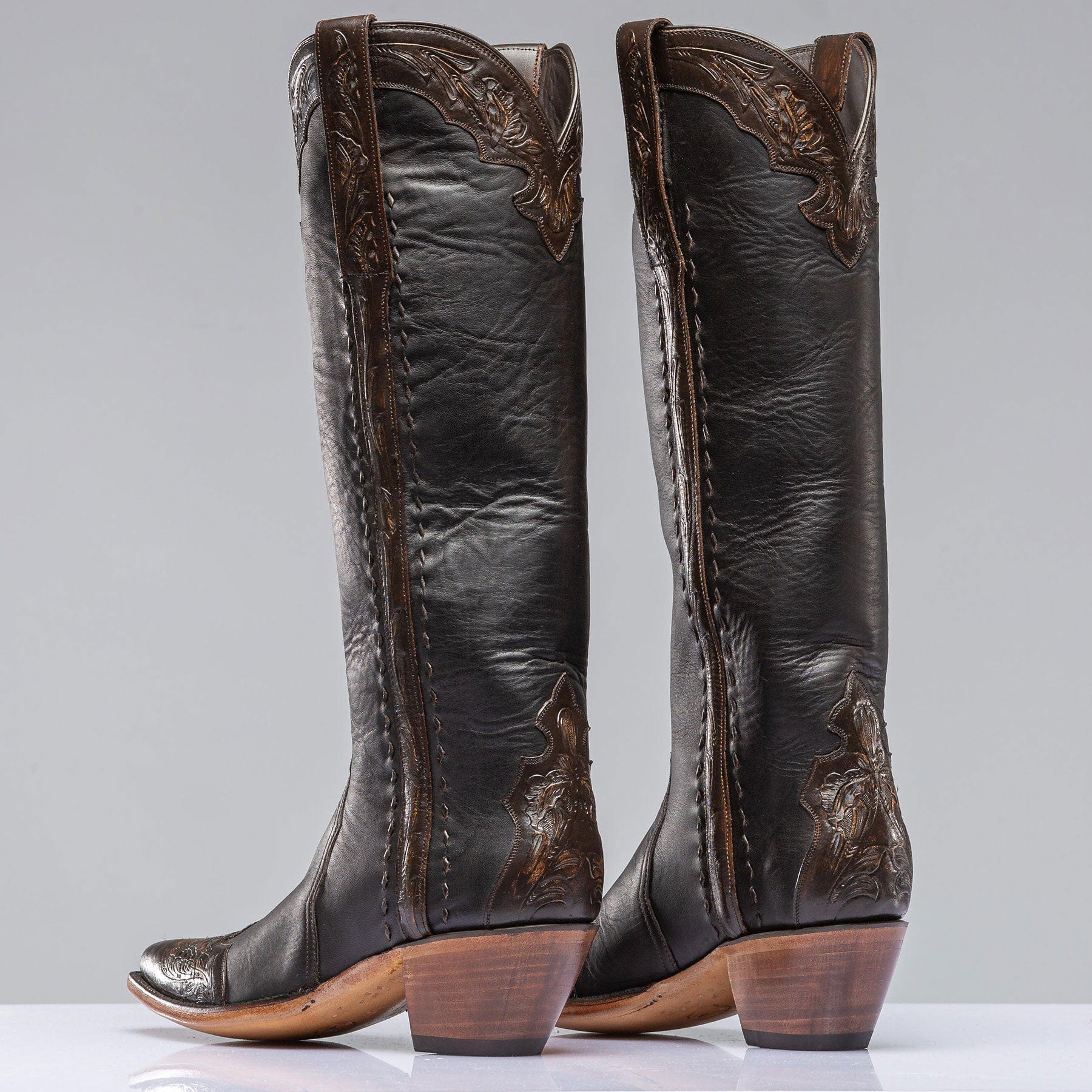 Stallion Boots Gunmetal Tall Boot In Cognac Tooling Ladies - Cowboy Boots