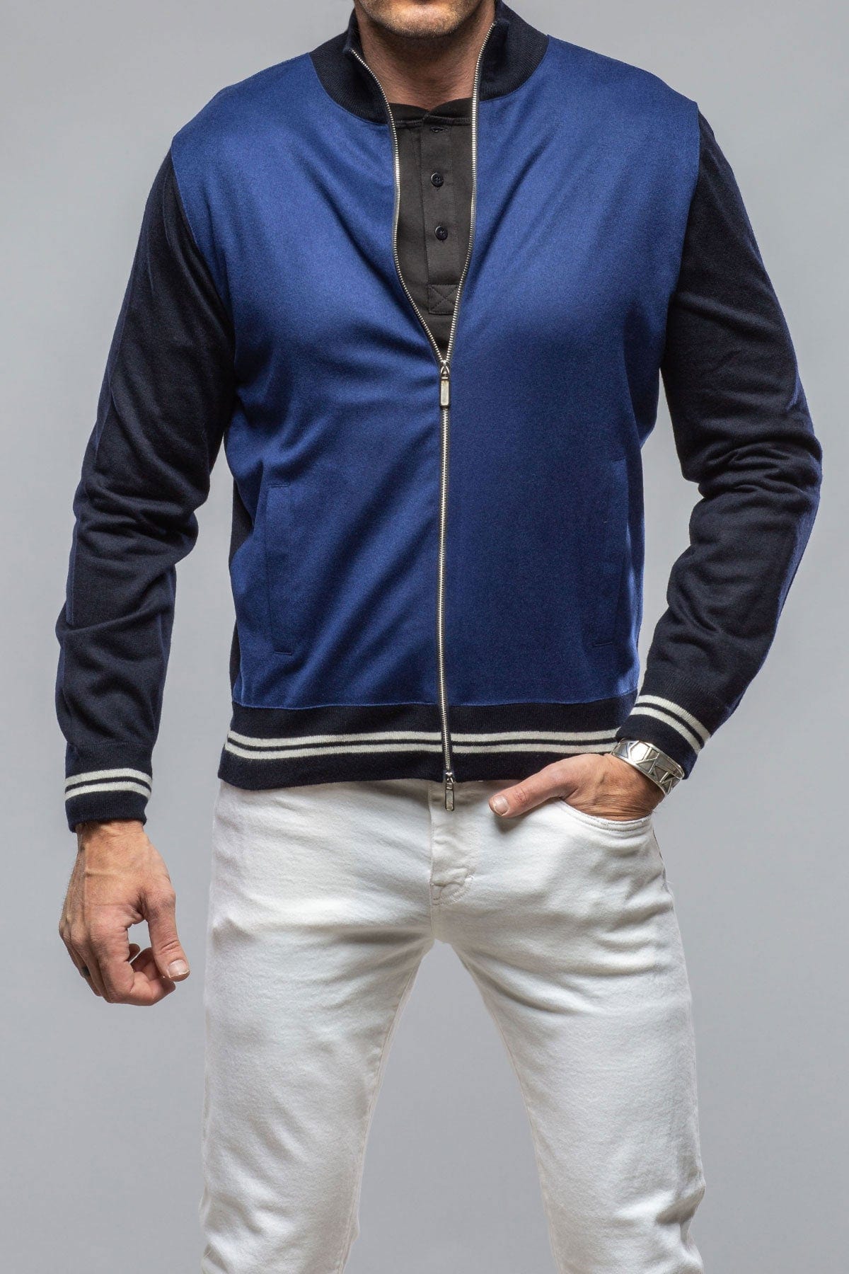 Stile Latino Entoto Cashmere Baseball Jacket In Navy Mens - Sweaters