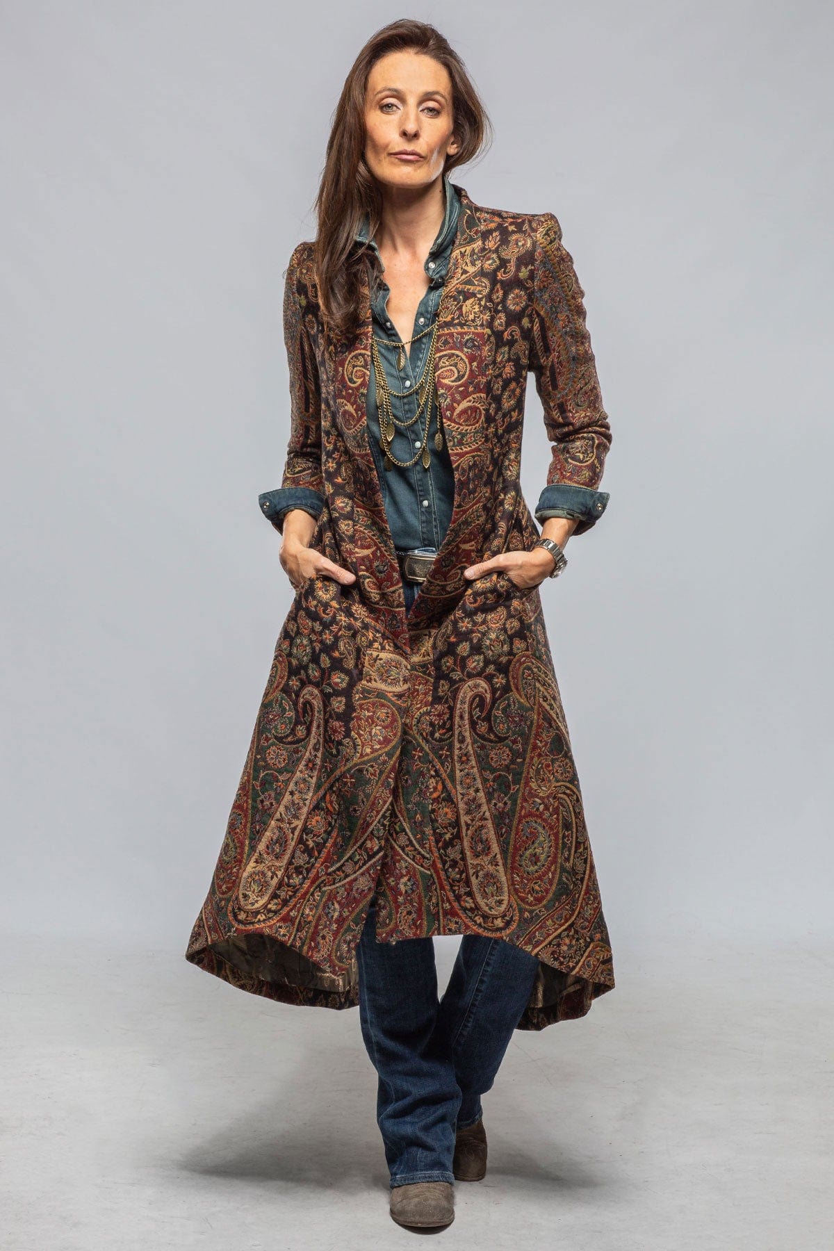 Long Morgana Coat In Black, Red, Green Paisley - AXEL'S