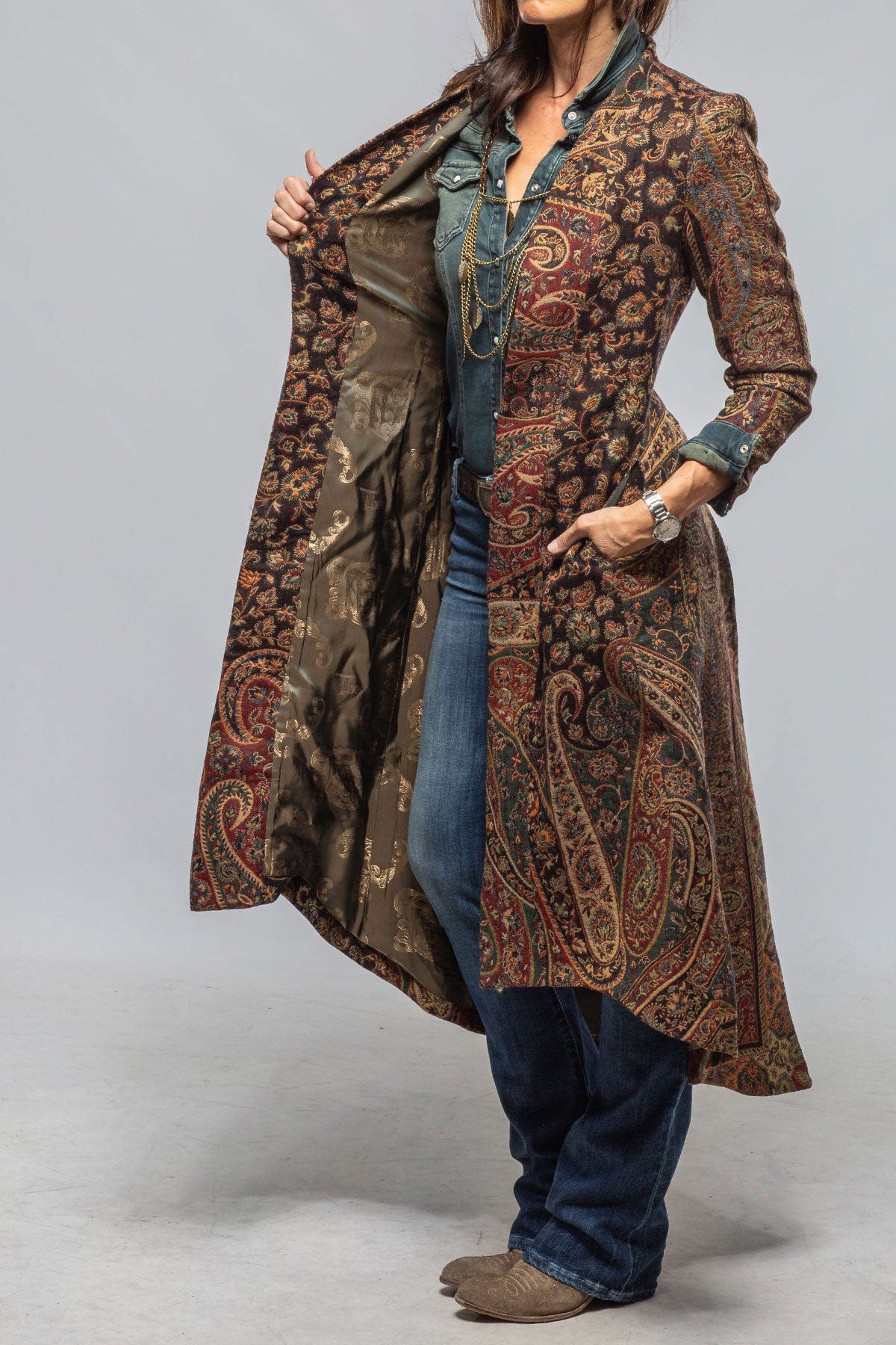 T.ba Long Morgana Coat In Black, Red, Green Paisley | Ladies - Tailored - Jackets