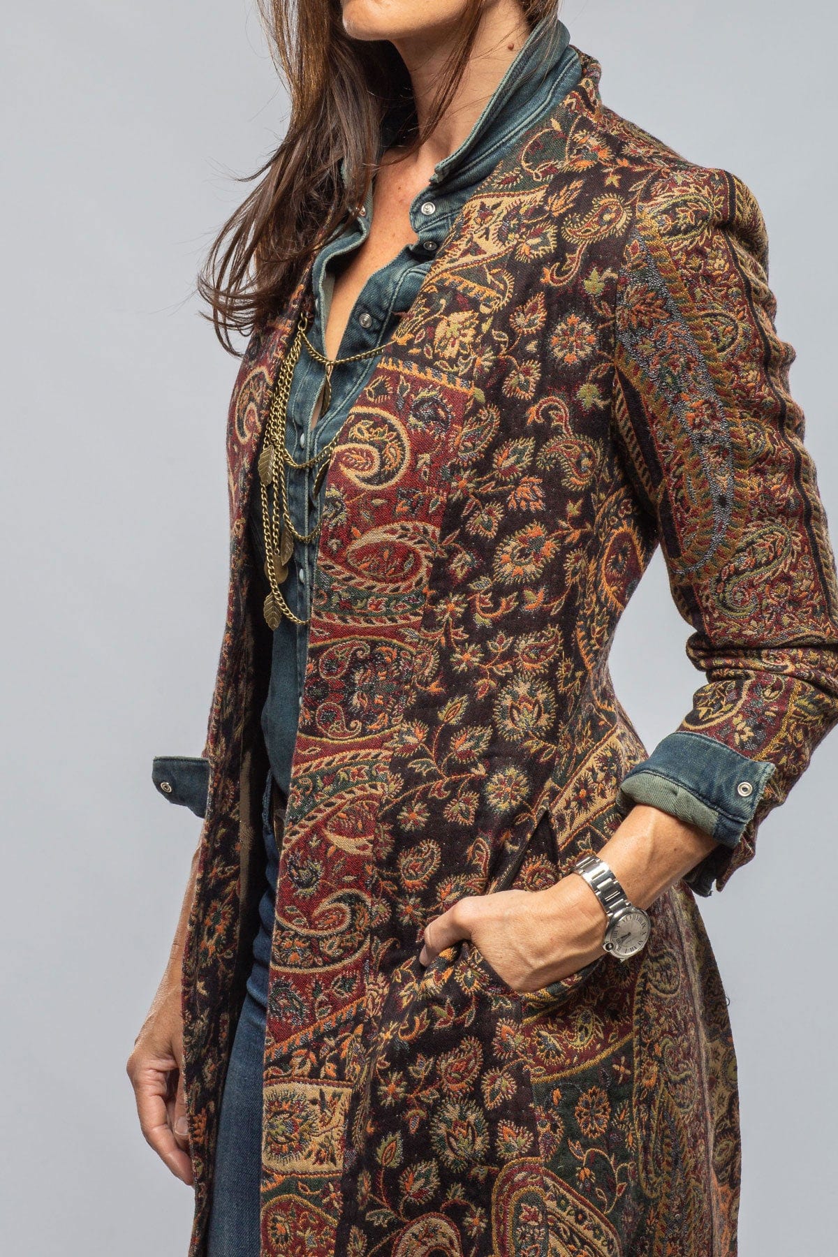 Long Morgana Coat In Black, Red, Green Paisley - AXEL'S