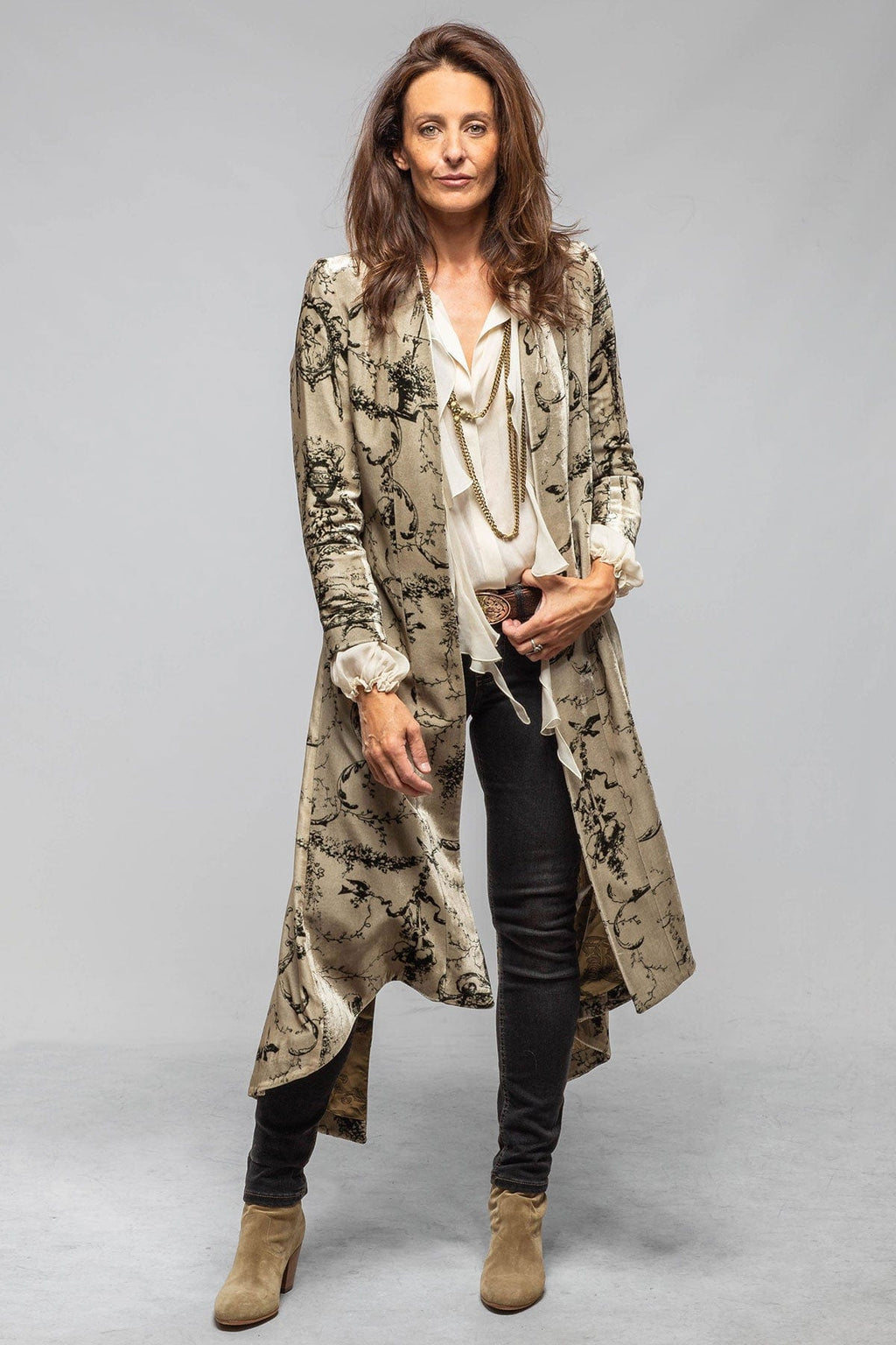 T.ba Long Morgana Silk Velvet Coat In Beige & Green Print