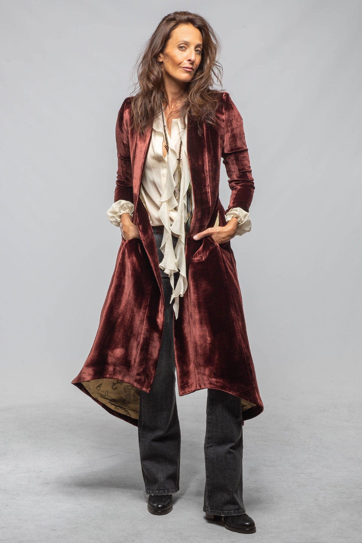 T.ba Long Morgana Silk Velvet Coat In Burgundy | Axel's of Vail