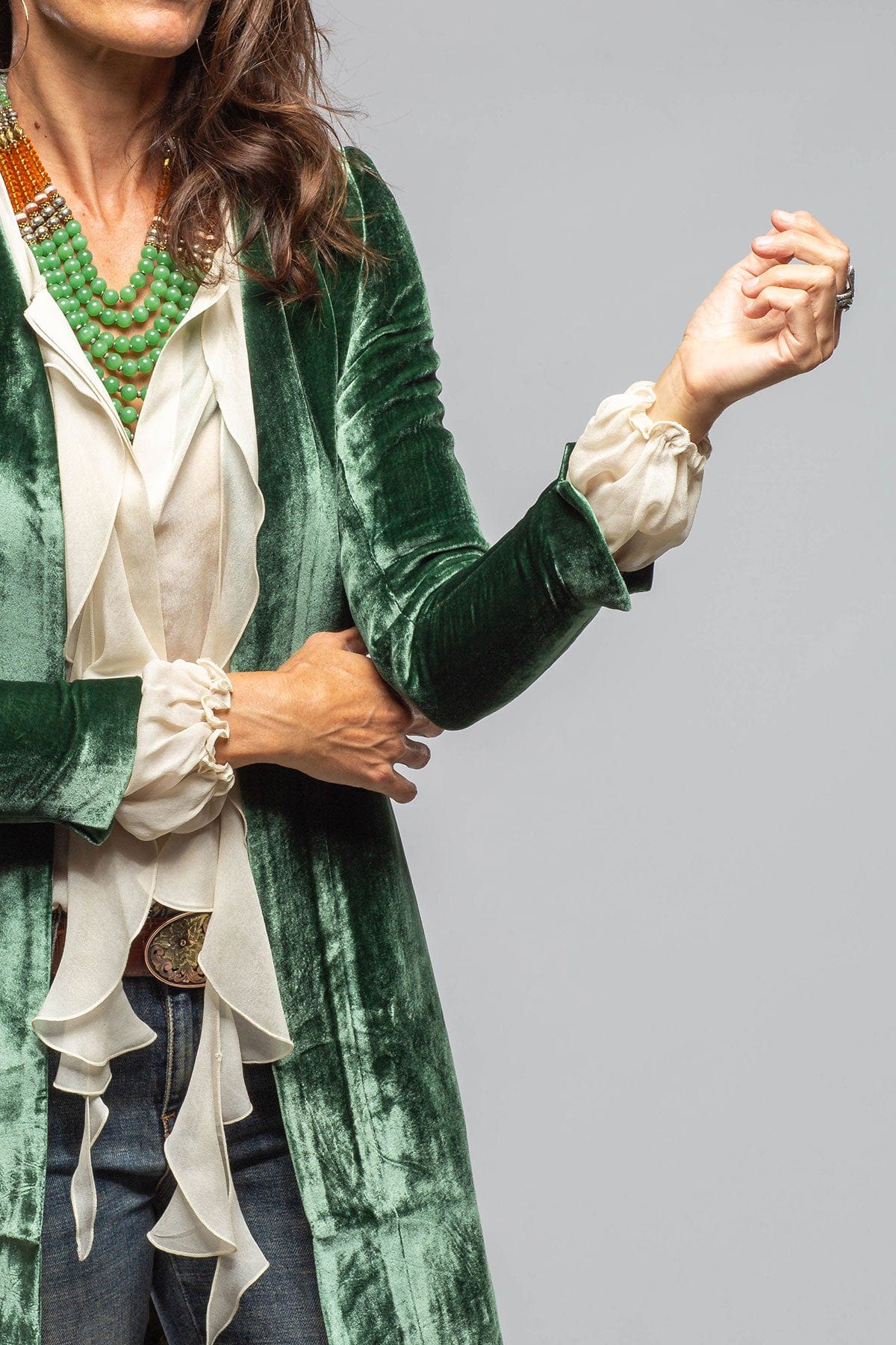 T.ba Long Morgana Silk Velvet Coat In Jade | Axel's of Vail