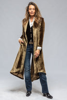 Long Morgana Silk Velvet Coat In Khaki - AXEL'S
