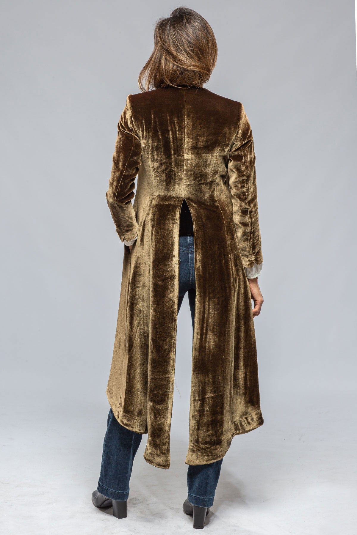 Long Morgana Silk Velvet Coat In Khaki - AXEL'S