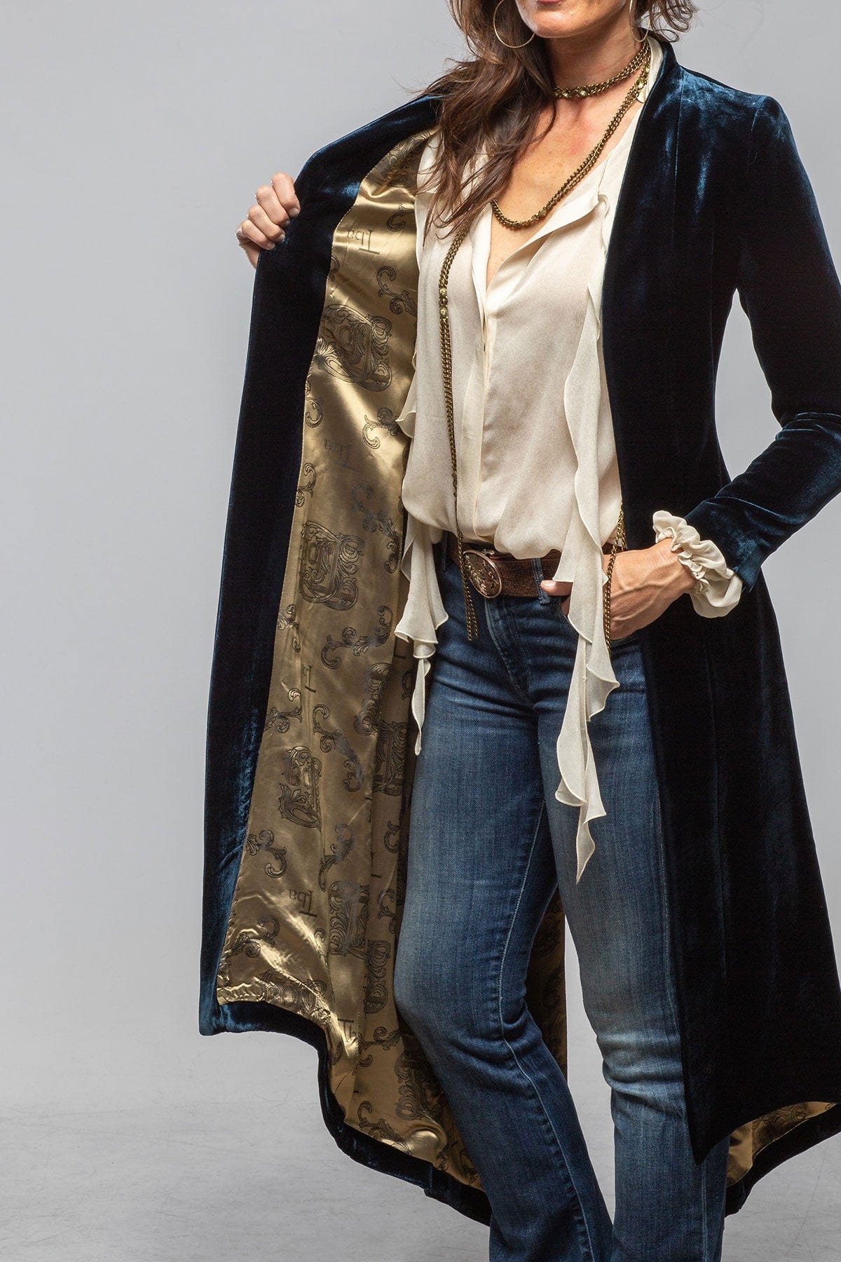 T.ba | Long Morgana Silk Velvet Coat In Navy Blue | Axel's of Vail