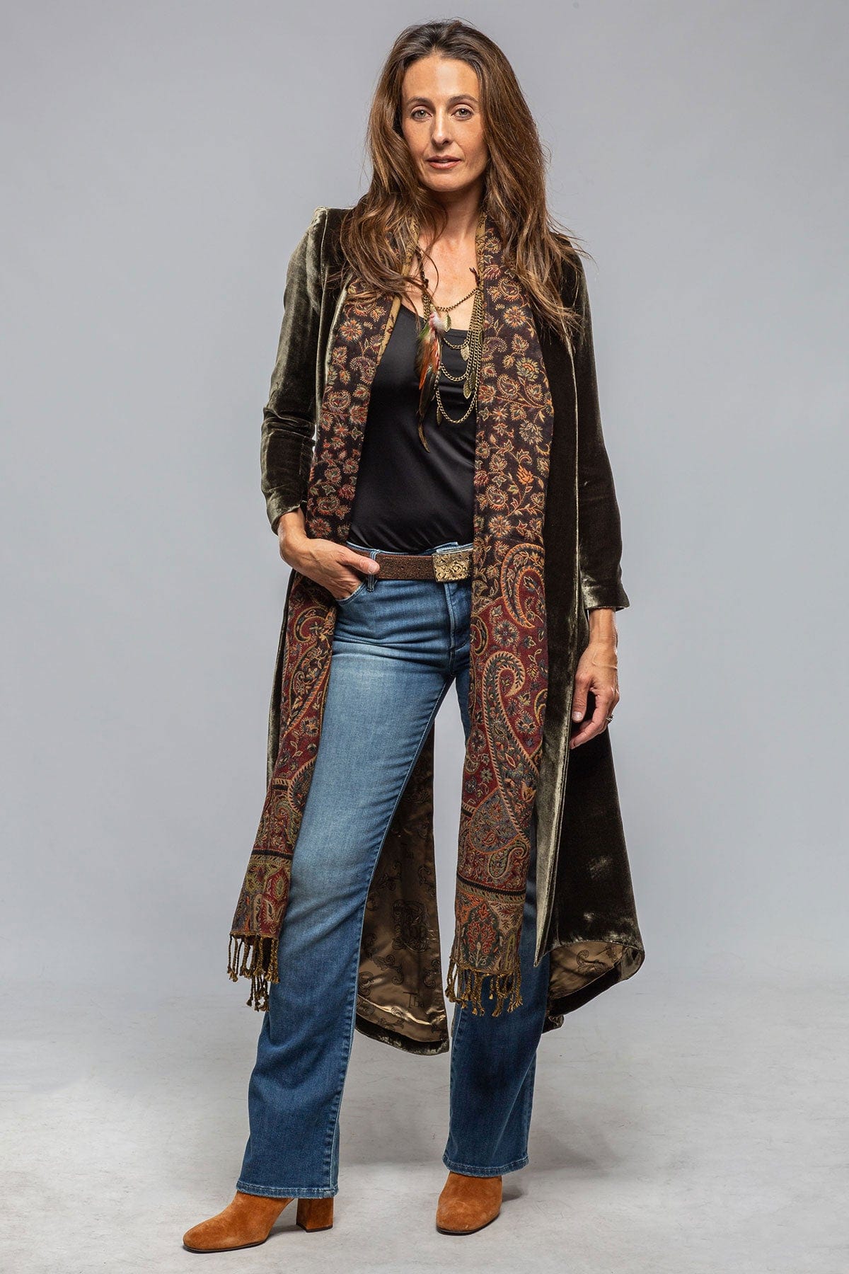 Long Morgana Silk Velvet Coat In Rock - AXEL'S