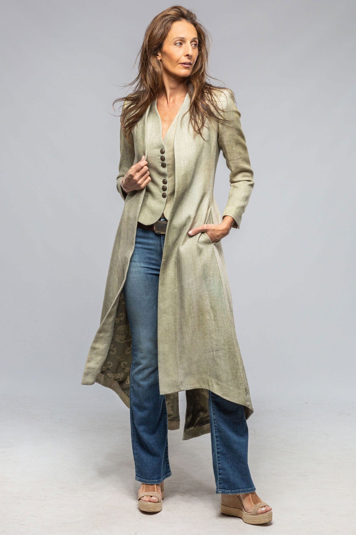 Marbella Long Linen Coat In Sage - AXEL'S